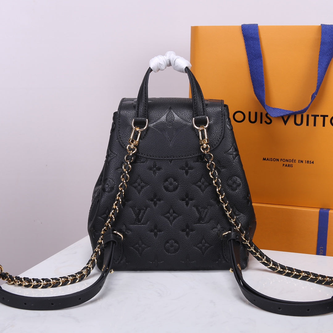 Louis Vuitton Luxury Black Embossed Leather Backpack with Gold Buckles