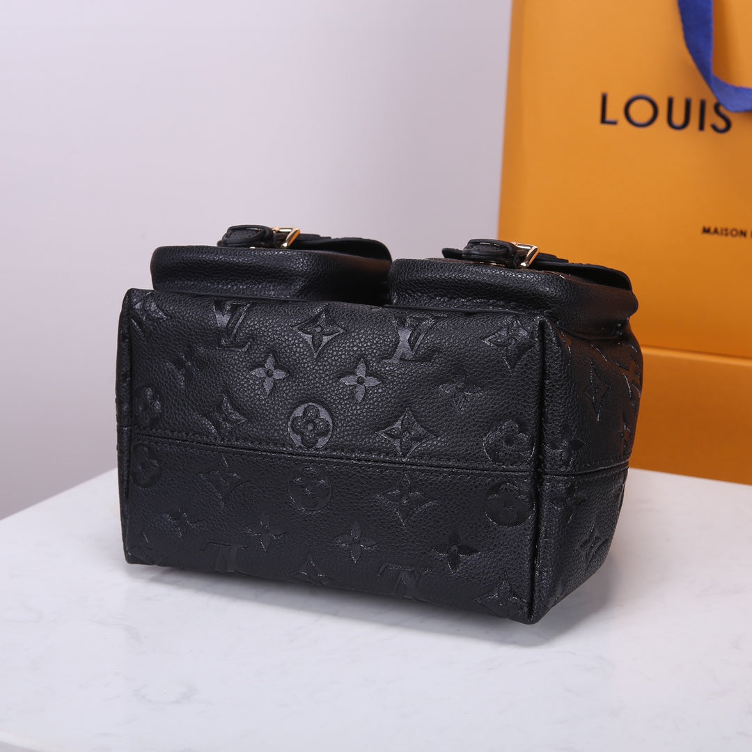 Louis Vuitton Luxury Black Embossed Leather Backpack with Gold Buckles