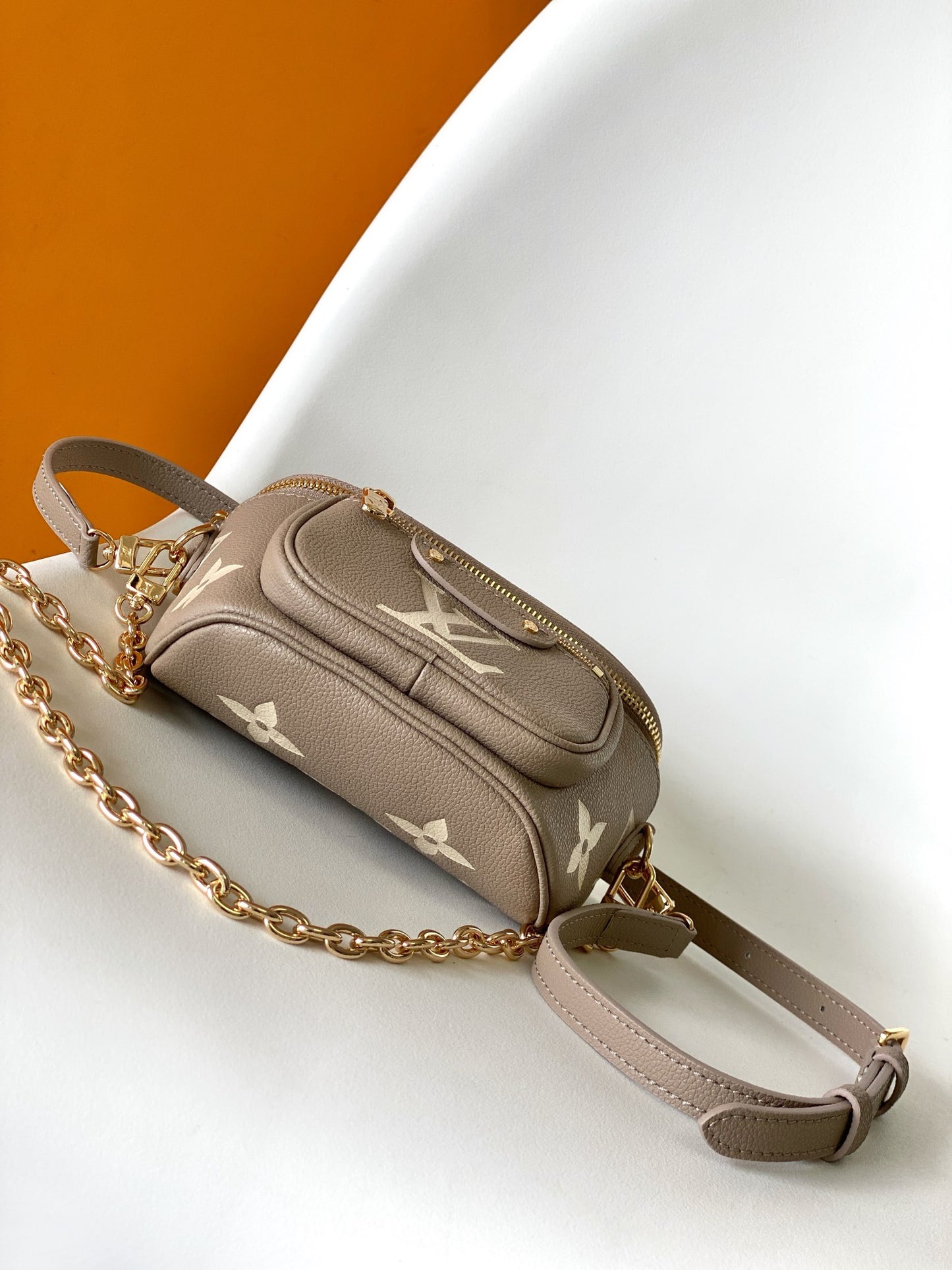 Louis Vuitton Taupe Embossed Leather Crossbody Bag with Gold Chain Strap