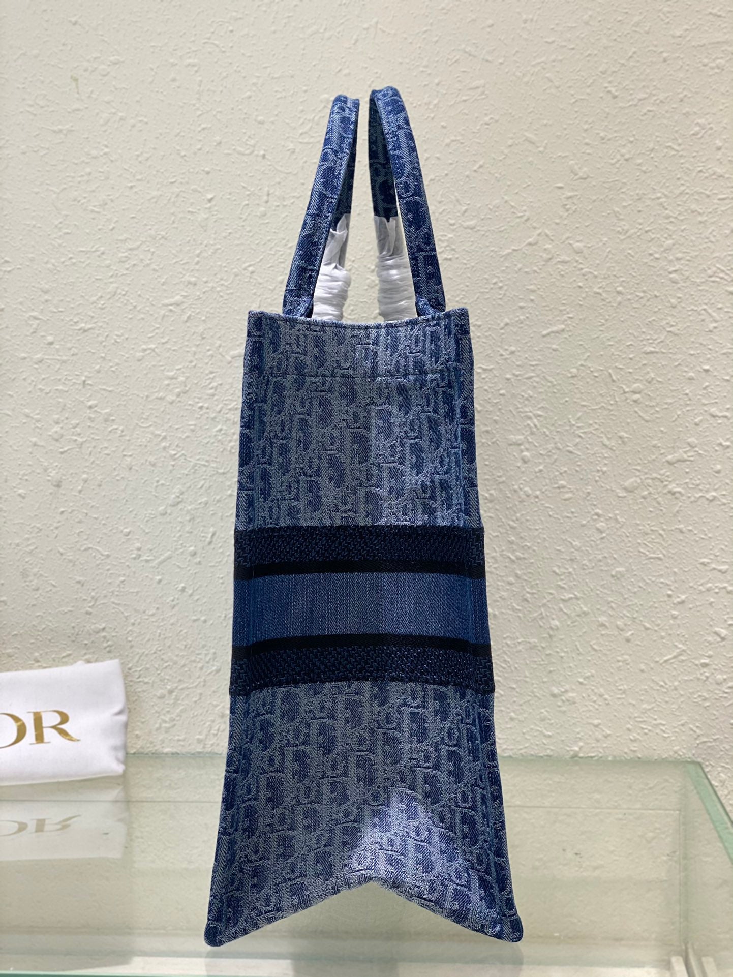 Dior Blue Monogram Canvas Tote Bag Embroidered Stripe Top Handle Handbag