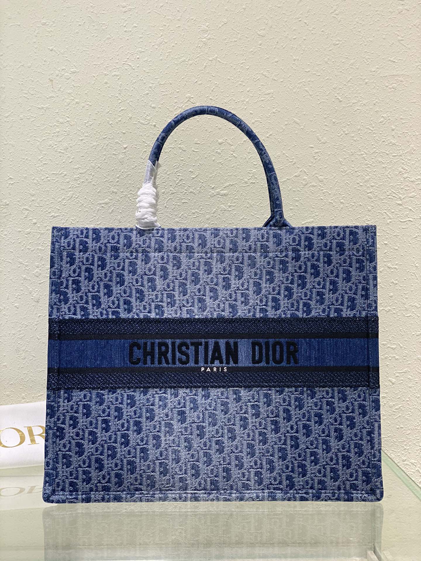 Dior Blue Monogram Canvas Tote Bag Embroidered Stripe Top Handle Handbag