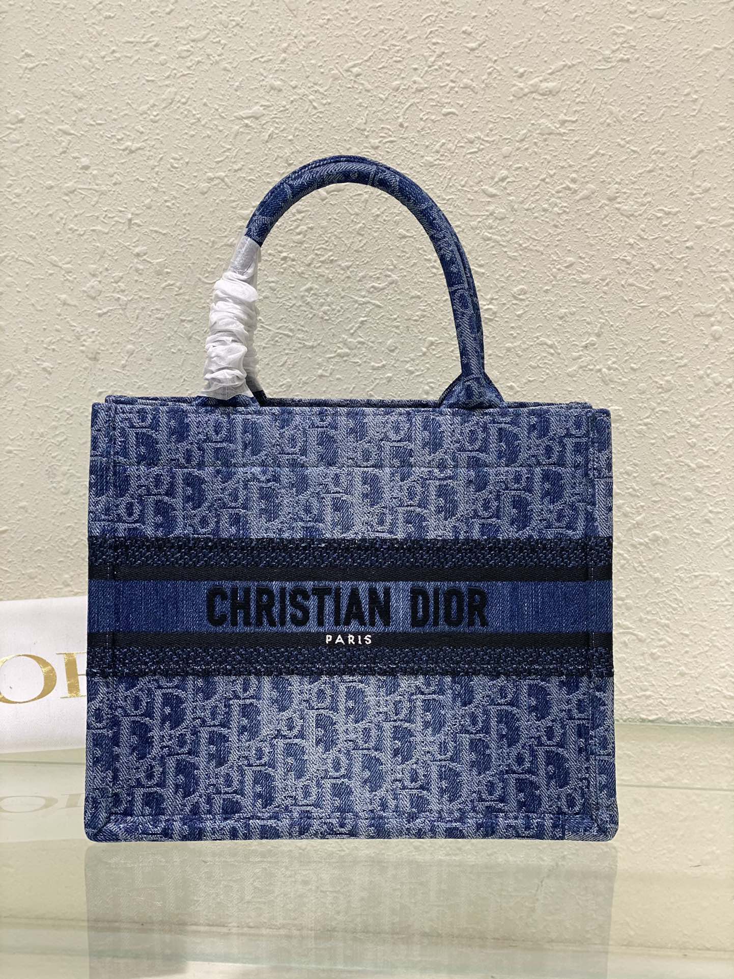 Dior Blue Monogram Embroidered Canvas Top Handle Tote Handbag