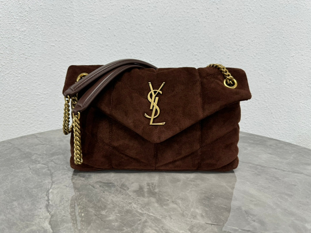 Saint Laurent Loulou Puffer Small Shoulder Bag in Dark Brown Suede