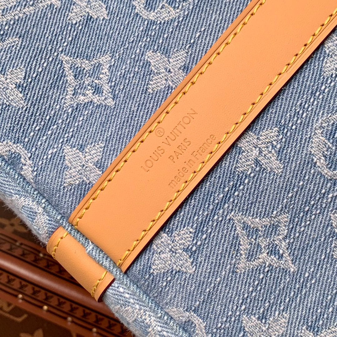 Louis Vuitton Blue Denim Monogram Print Duffle Handbag with Leather Trim