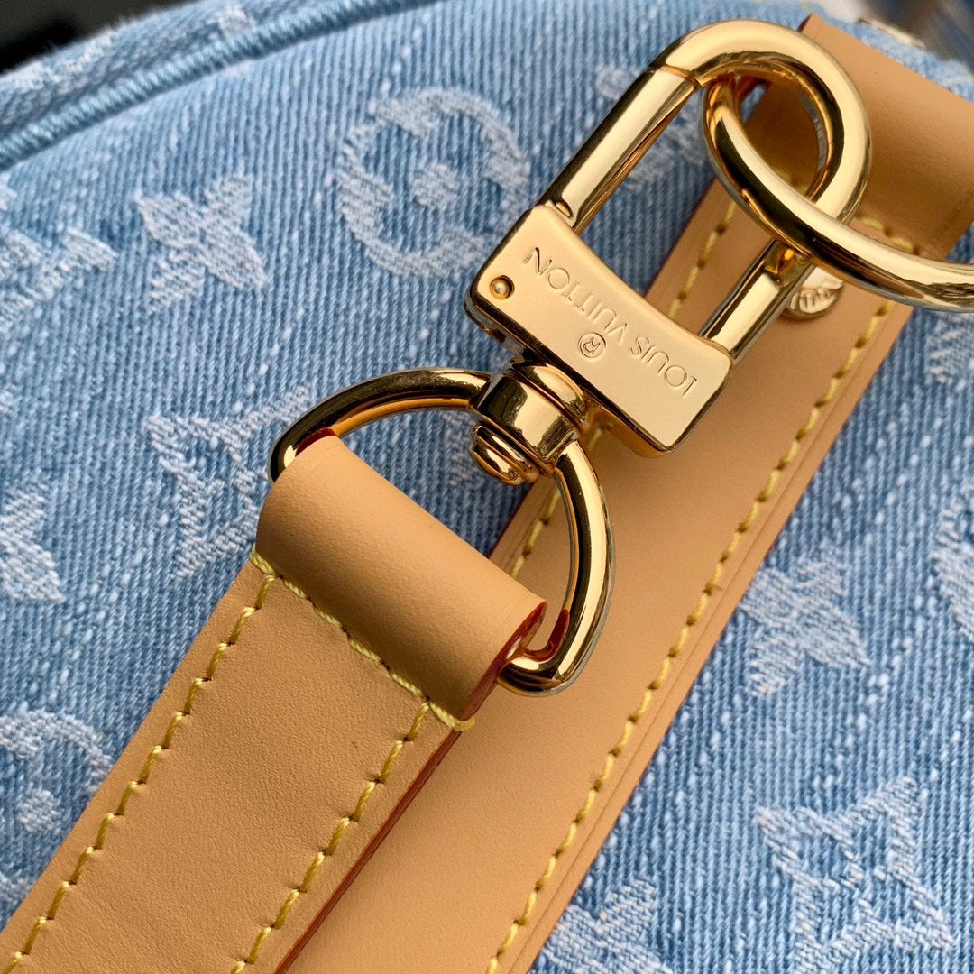 Louis Vuitton Blue Denim Monogram Print Duffle Handbag with Leather Trim