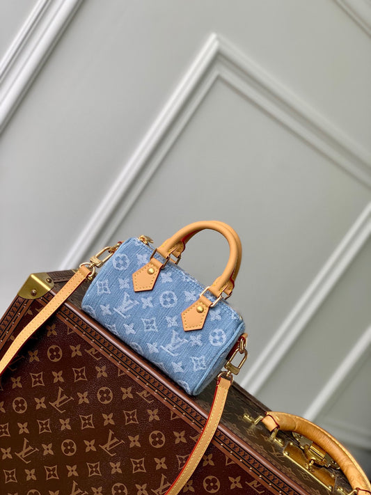 Louis Vuitton Vintage Monogram Blue Denim Mini Crossbody Bag with Leather Handles