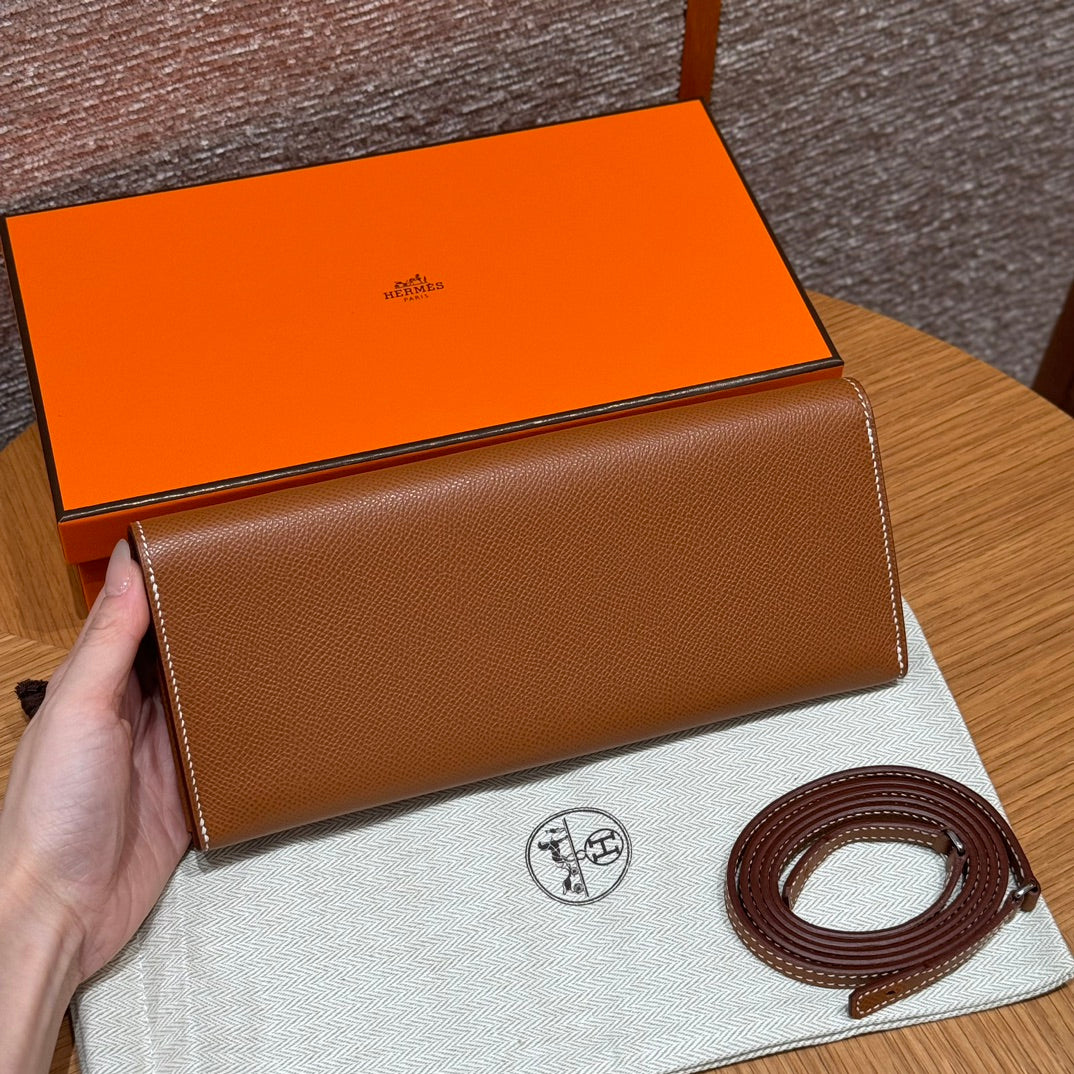 Hermès H d'Ancre Leather Clutch with Detachable Strap - Gold Brown