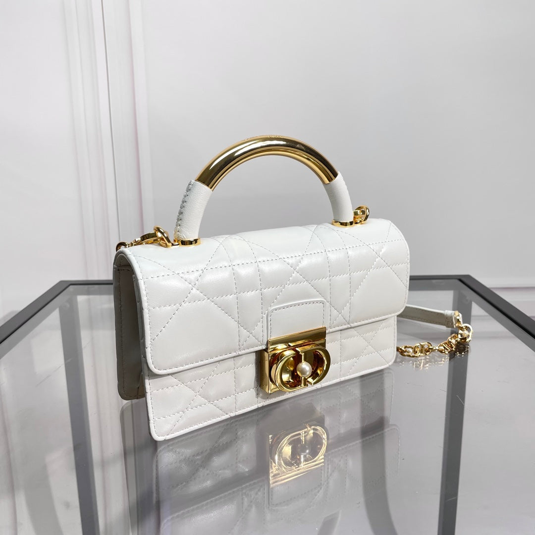 Dior White Quilted Leather Shoulder Bag with Gold Metal Top Handle