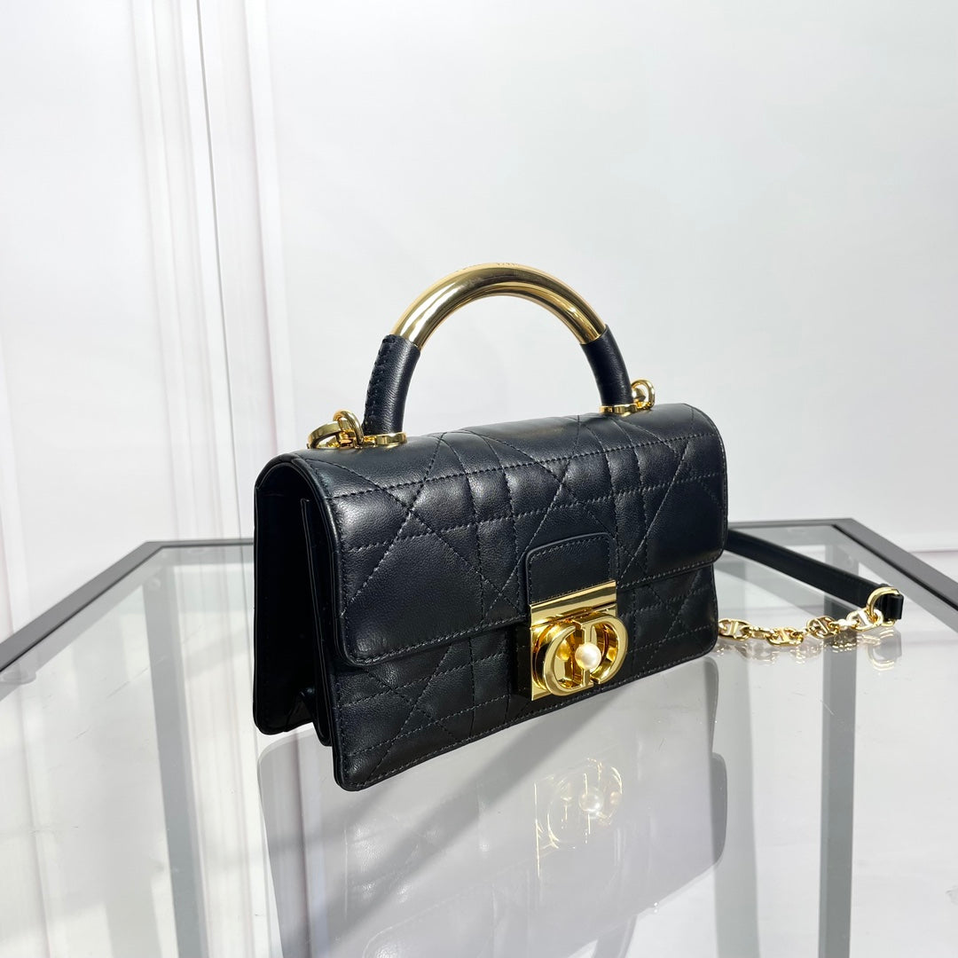 Dior Classic Black Quilted Leather Handbag with Gold Clasp and Top Handle
