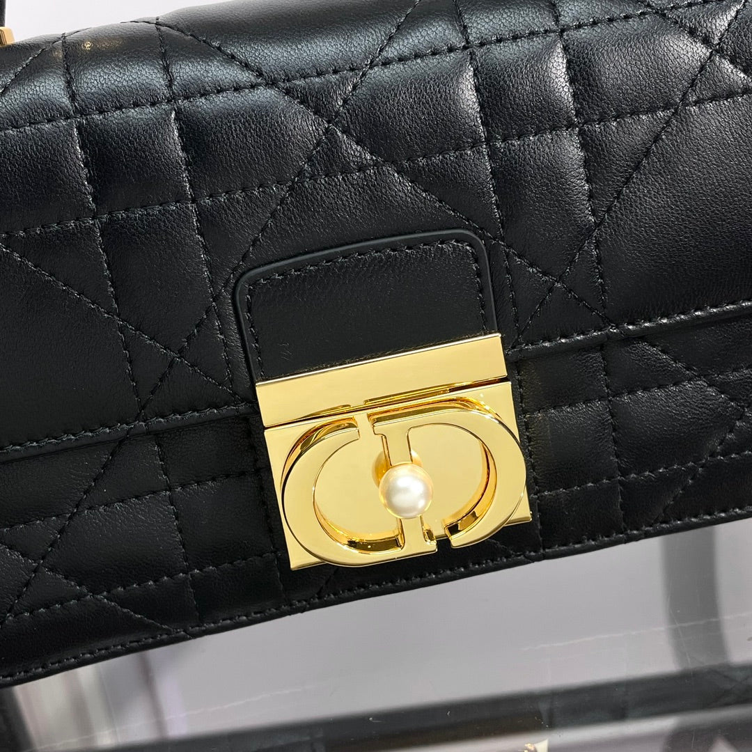 Dior Classic Black Quilted Leather Handbag with Gold Clasp and Top Handle