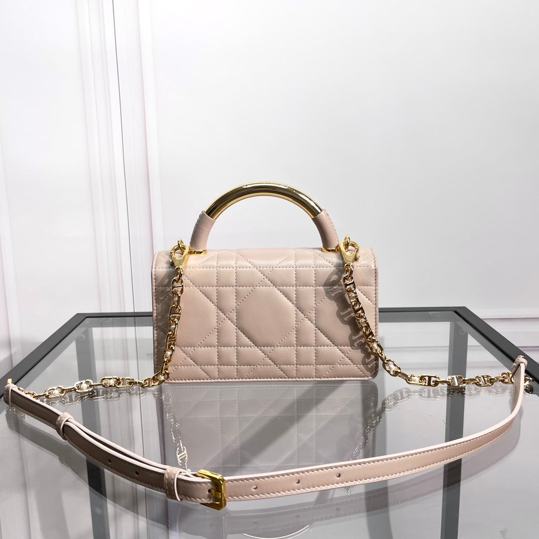 Dior Elegant Beige Quilted Leather Top Handle Bag with Gold Chain Strap