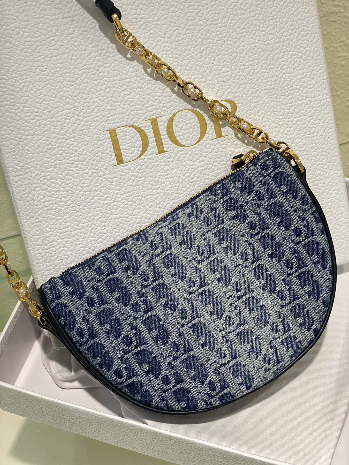 Dior Blue Monogram Jacquard Half-Moon Shoulder Bag with Gold Chain