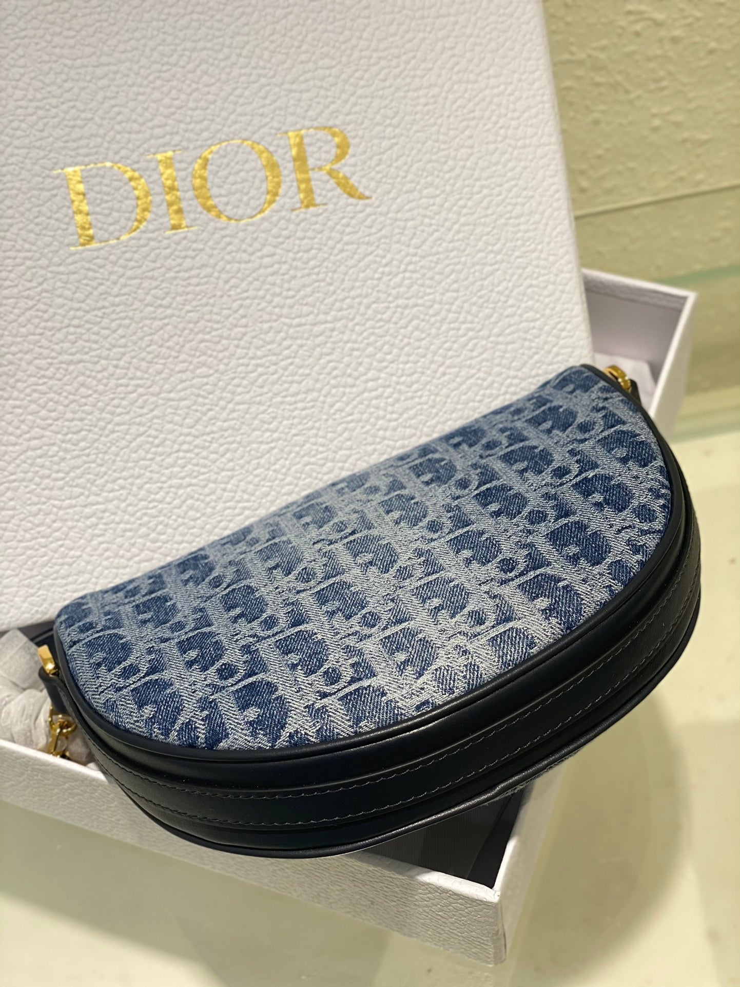 Dior Blue Monogram Jacquard Half-Moon Shoulder Bag with Gold Chain