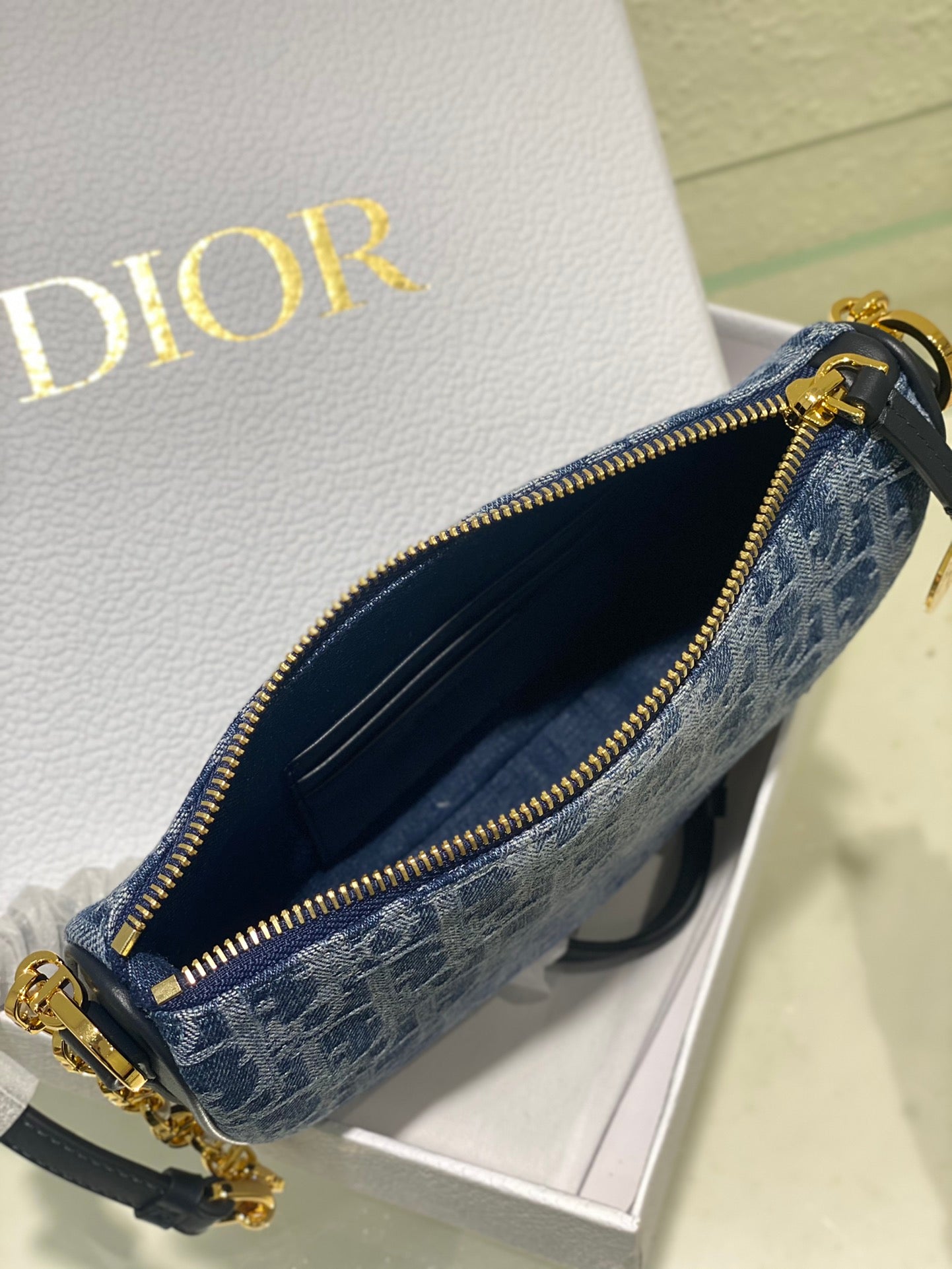 Dior Blue Monogram Jacquard Half-Moon Shoulder Bag with Gold Chain