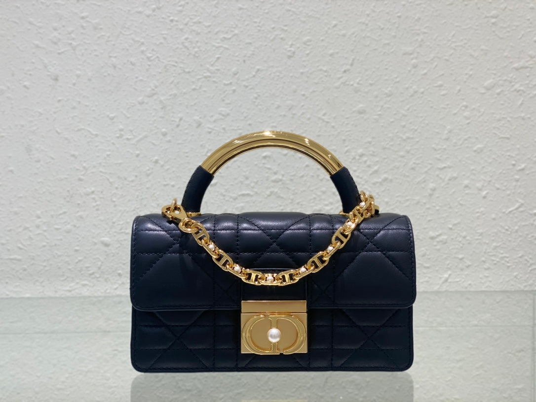 Dior Luxury Navy Blue Quilted Leather Handbag with Gold Chain Strap