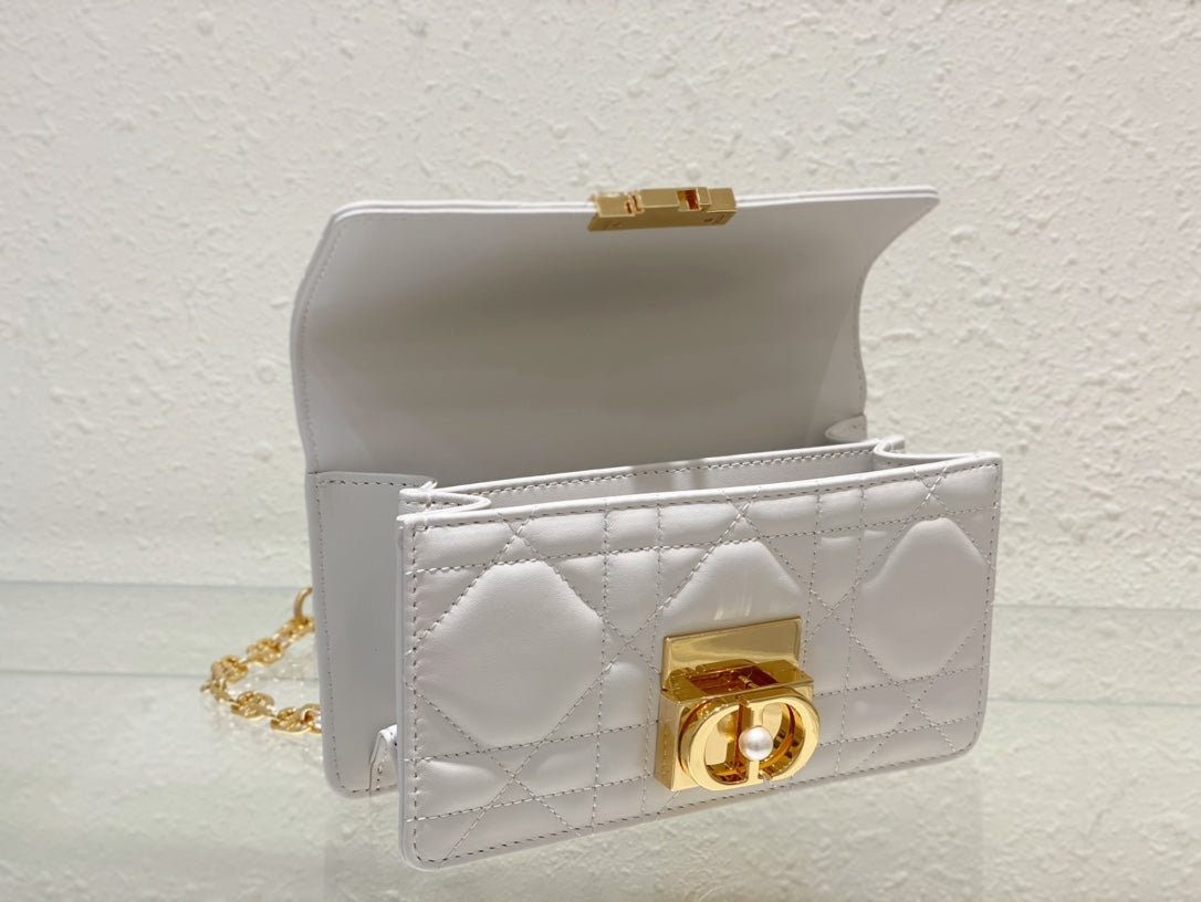 Dior Classic White Quilted Leather Top Handle Bag with Gold Chain