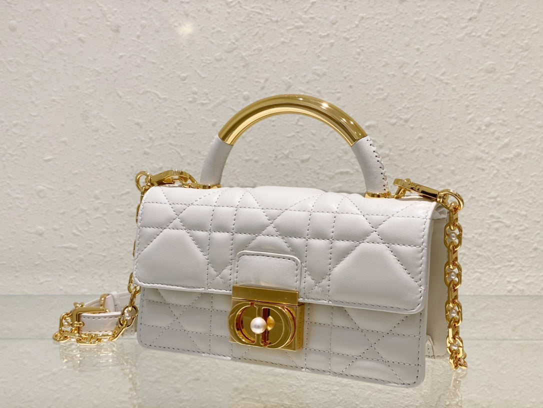 White Quilted Leather Mini Top Handle Bag with Gold Chain Strap