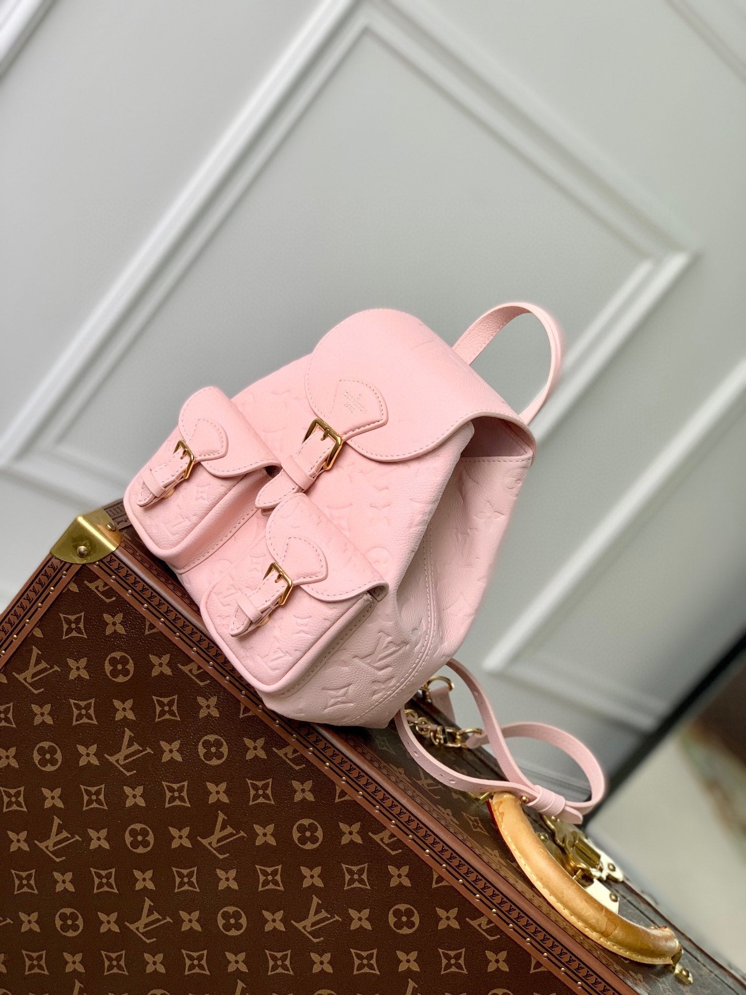 Louis Vuitton Pastel Pink Embossed Leather Mini Backpack with Gold Buckles