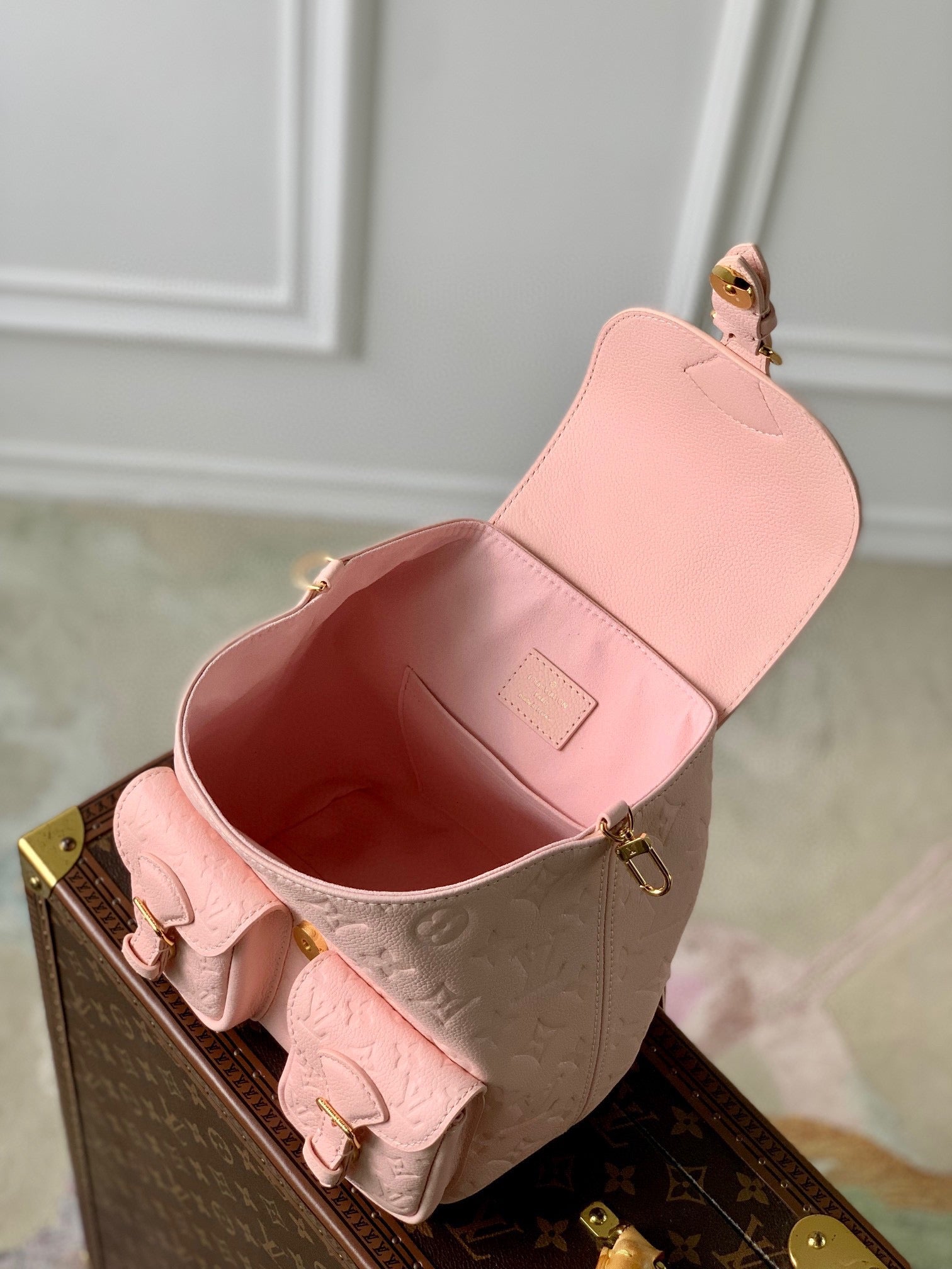 Louis Vuitton Pastel Pink Embossed Leather Mini Backpack with Gold Buckles