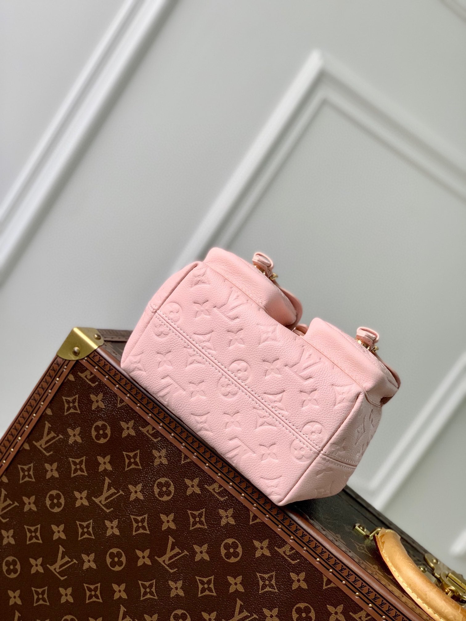 Louis Vuitton Pastel Pink Embossed Leather Mini Backpack with Gold Buckles