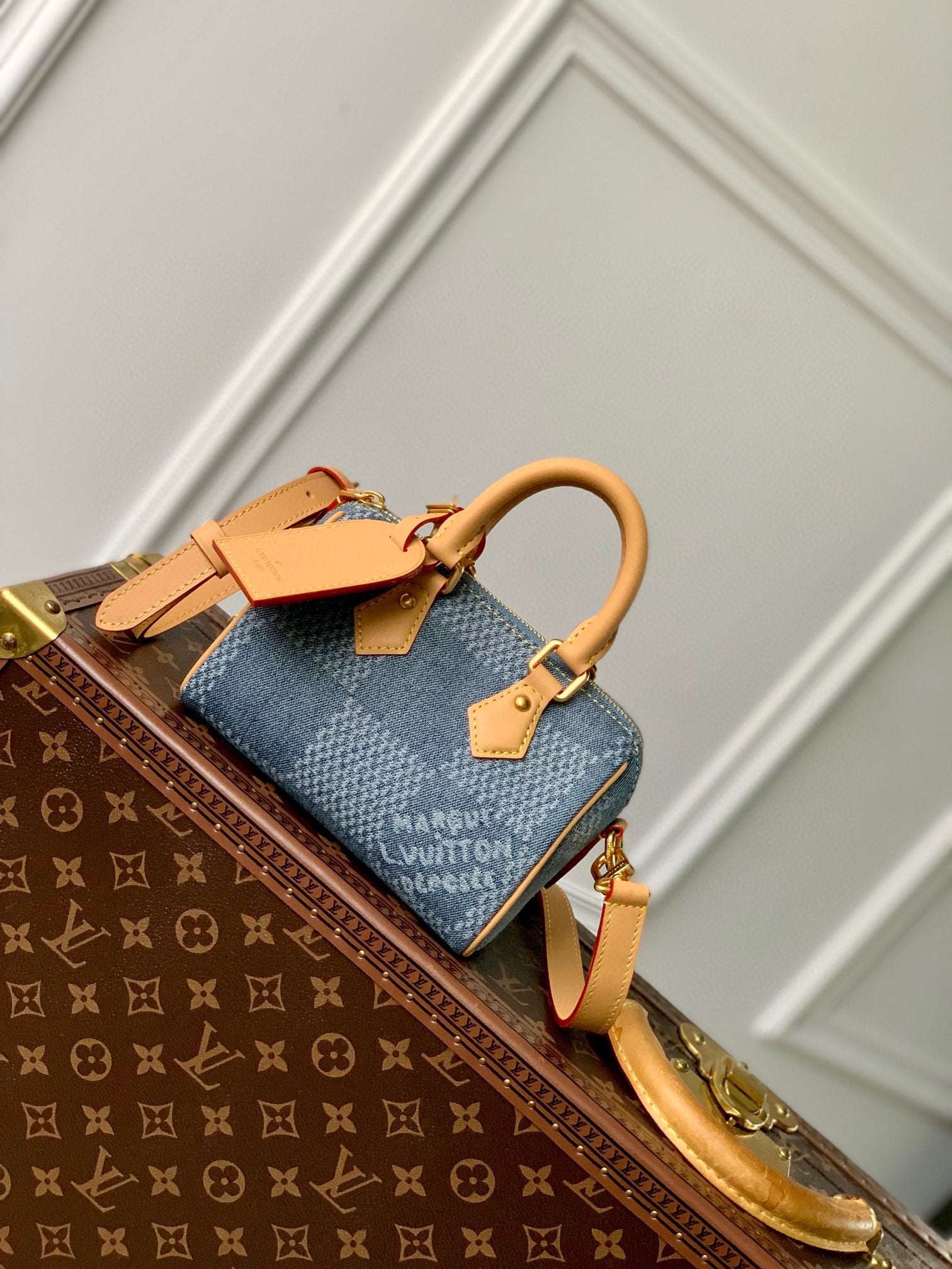 Louis Vuitton Blue Checkered Denim Mini Crossbody Bag with Leather Trim