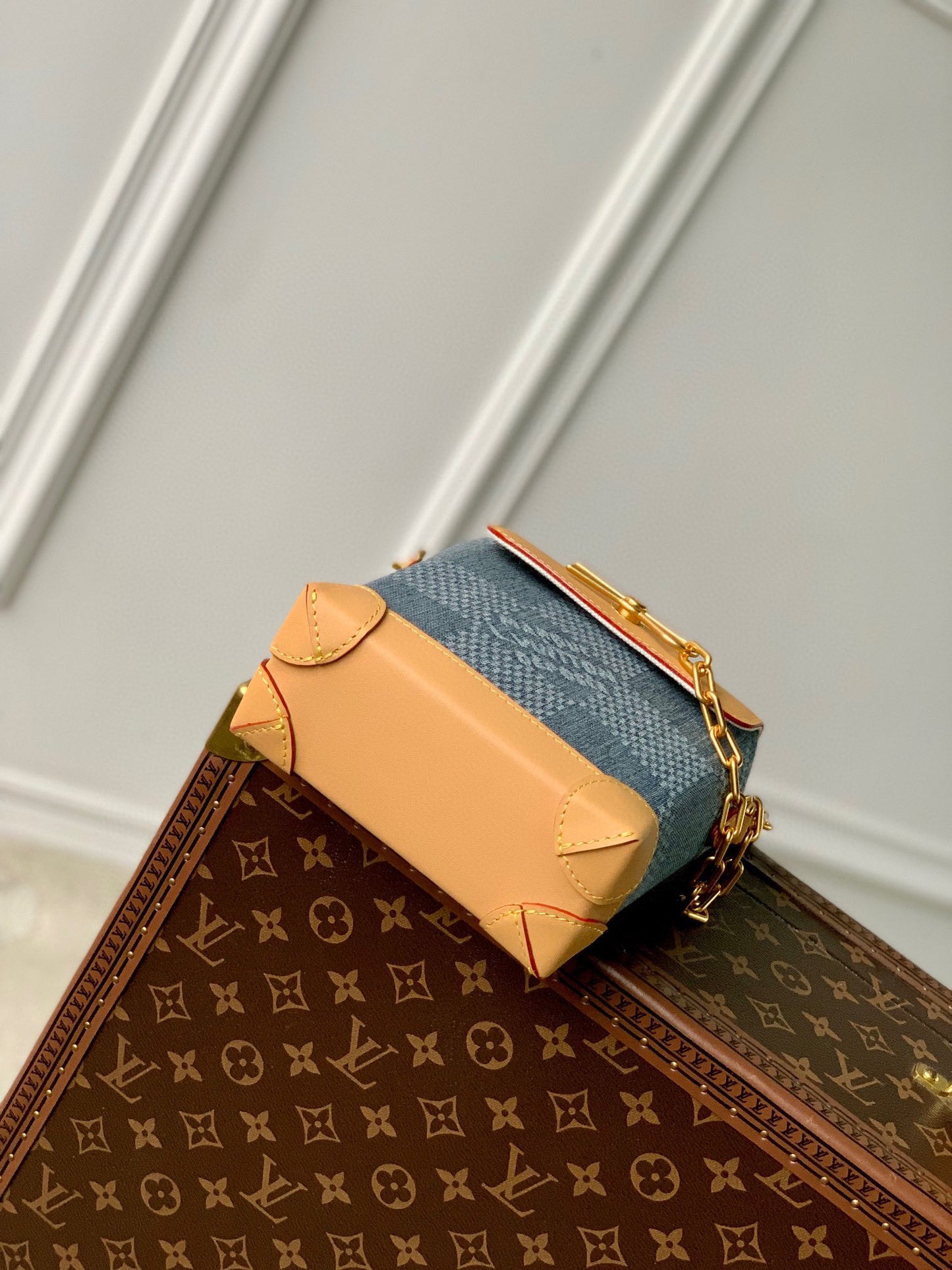 Louis Vuitton Mini Blue Denim Checkered Shoulder Bag with Tan Leather Trim