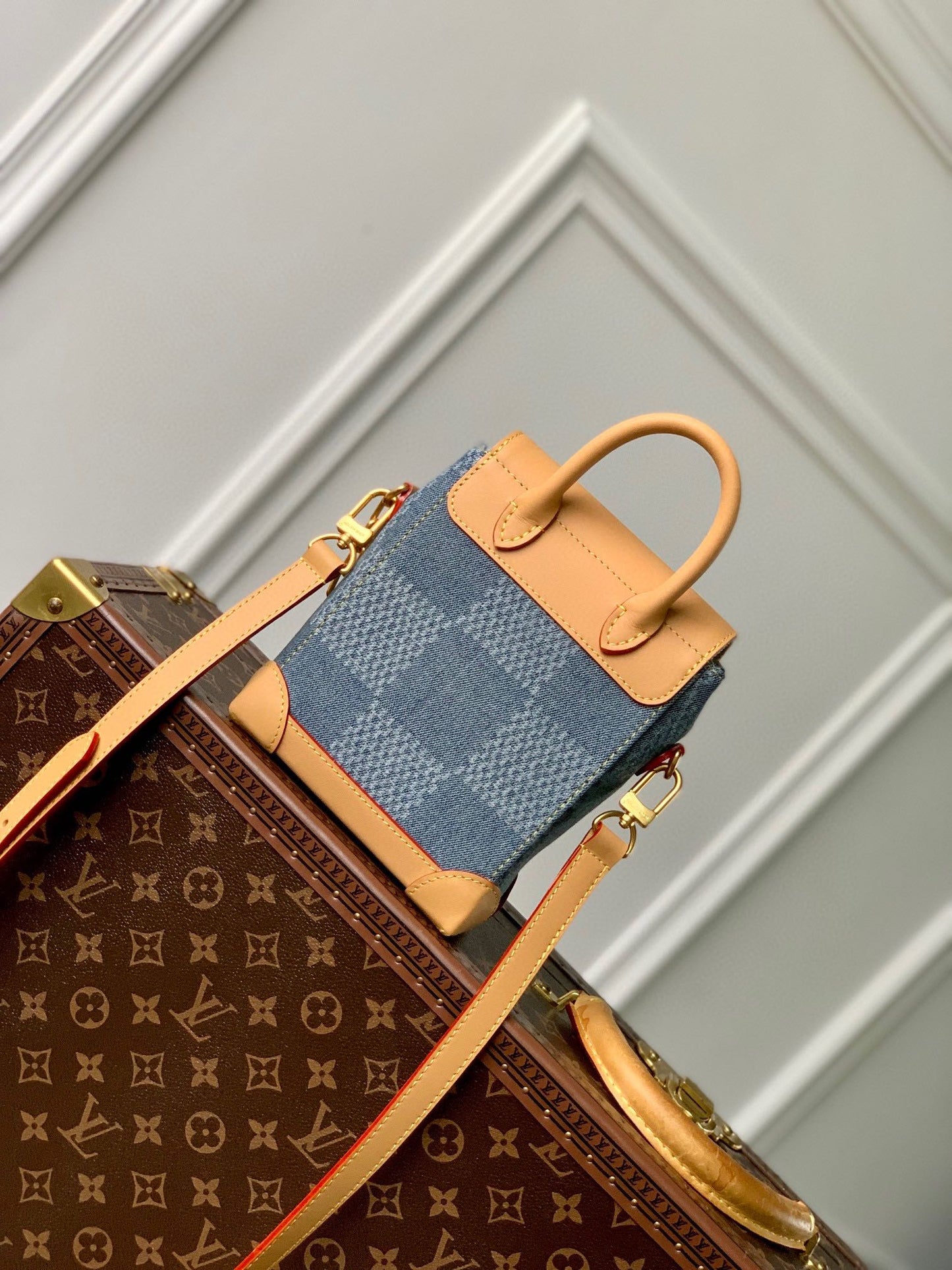 Louis Vuitton Mini Blue Denim Checkered Shoulder Bag with Tan Leather Trim