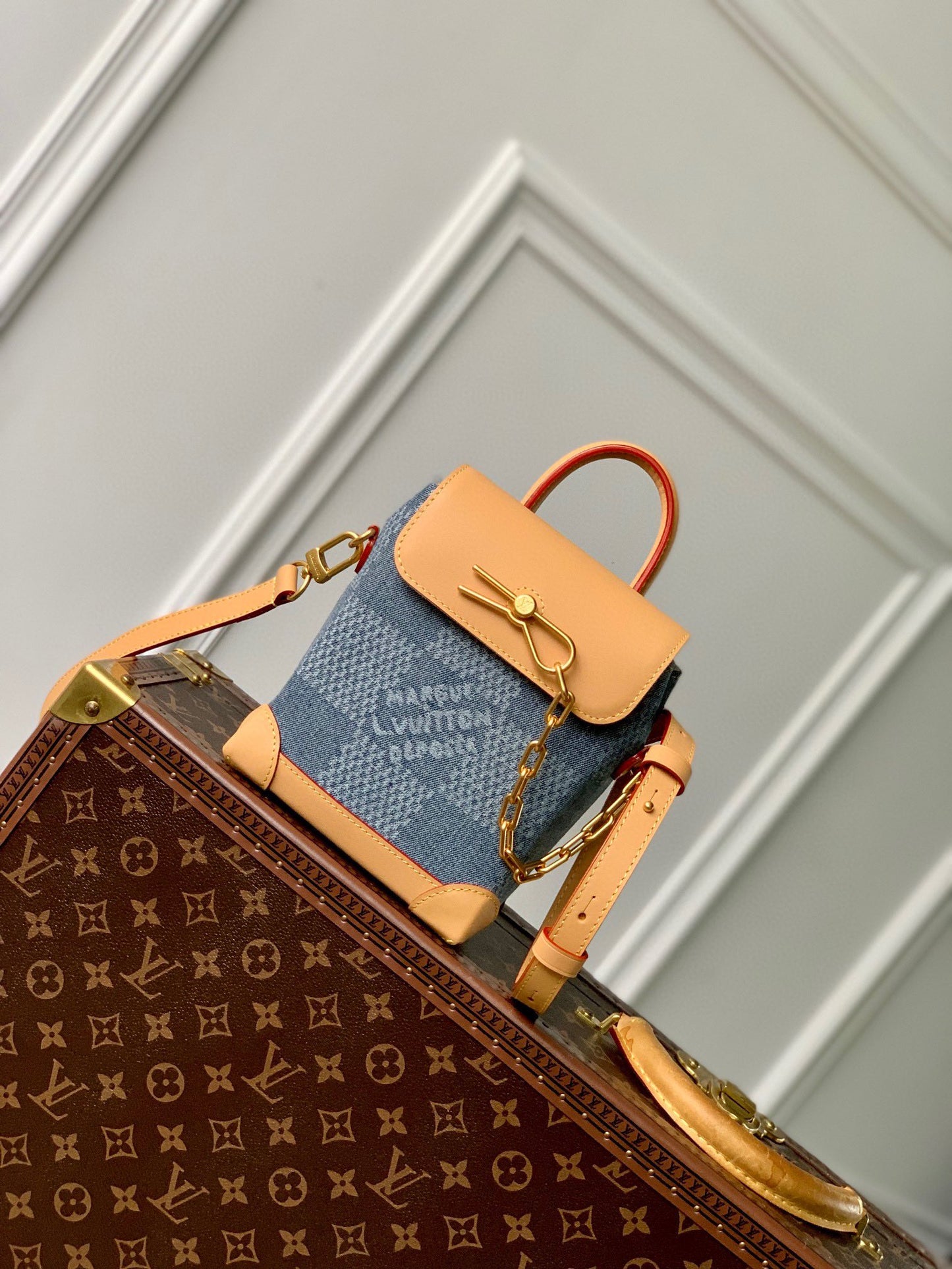 Louis Vuitton Mini Blue Denim Checkered Shoulder Bag with Tan Leather Trim