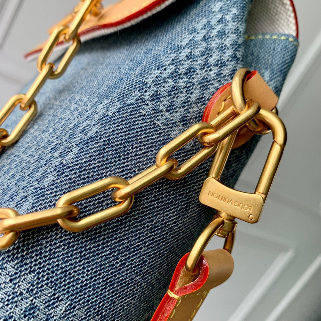 Louis Vuitton Mini Blue Denim Checkered Shoulder Bag with Tan Leather Trim