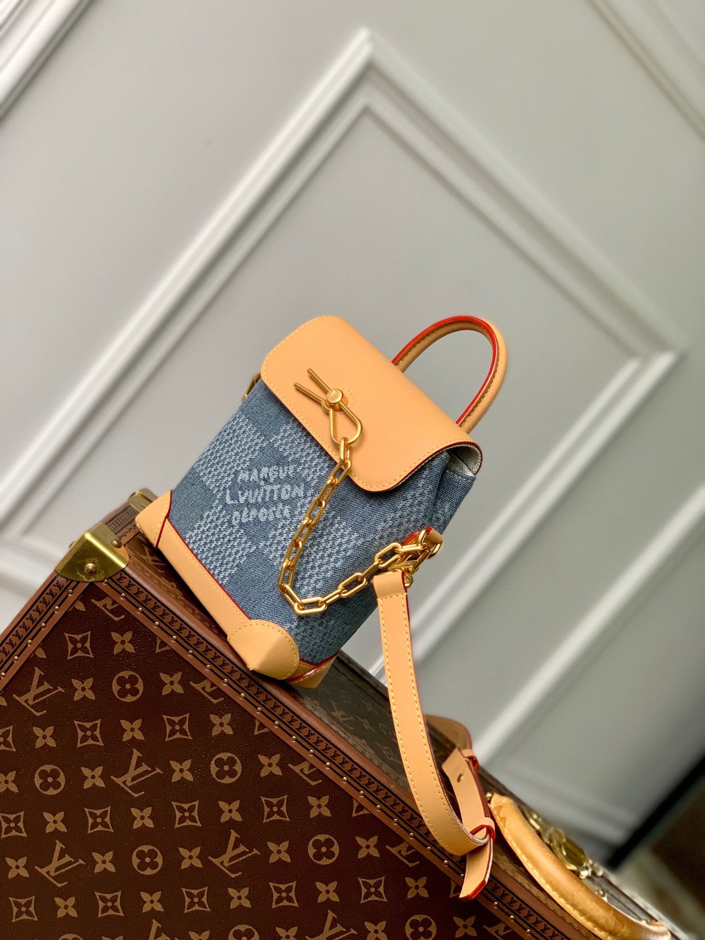 Louis Vuitton Mini Blue Denim Checkered Shoulder Bag with Tan Leather Trim