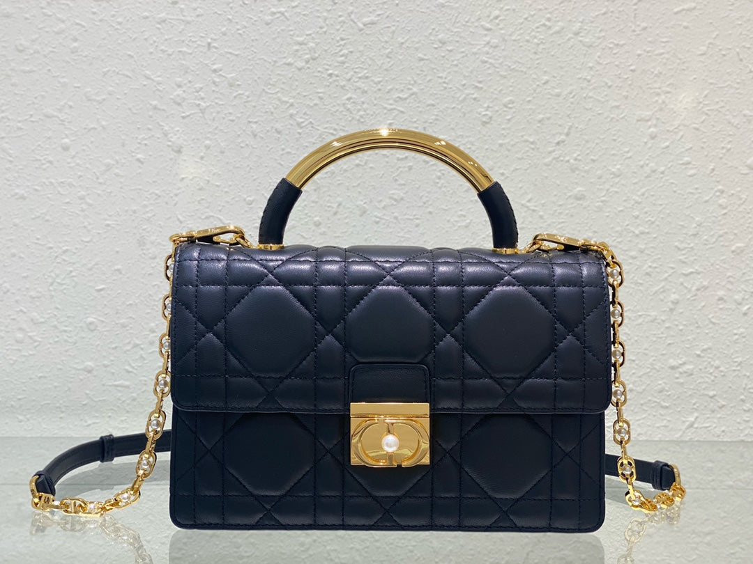 Dior Elegant Navy Blue Quilted Leather Top Handle Bag with Gold Chain