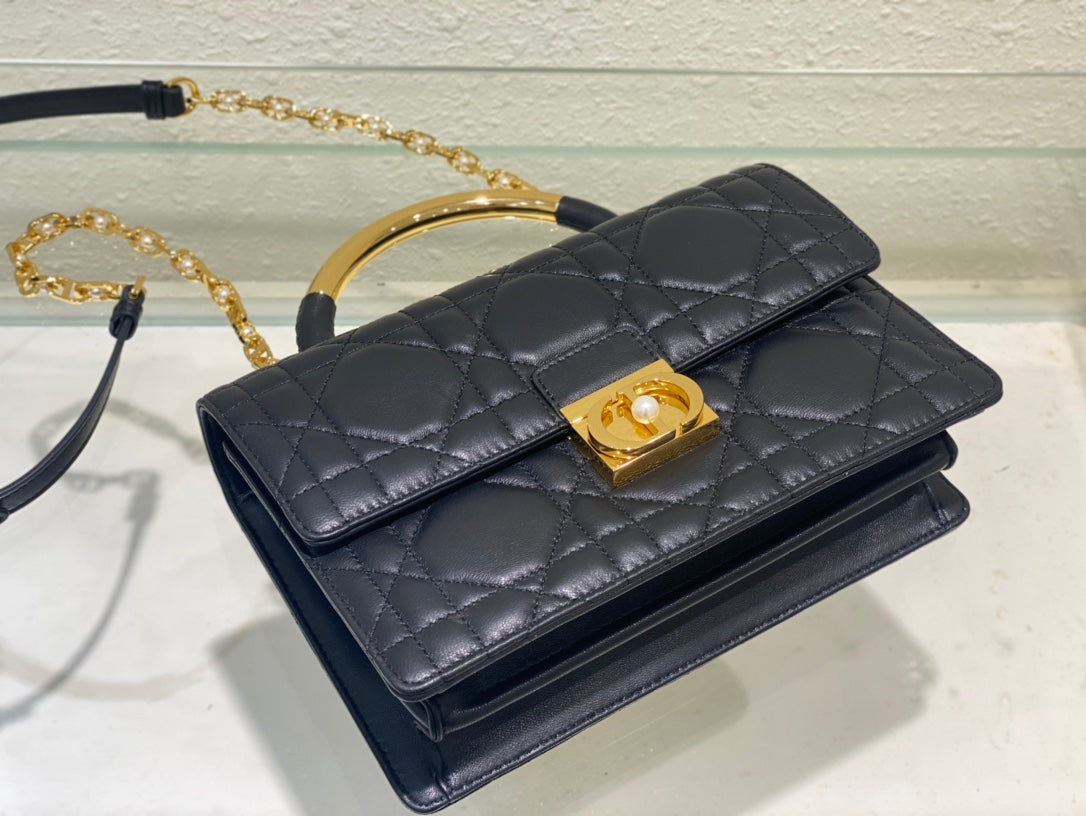 Dior Elegant Navy Blue Quilted Leather Top Handle Bag with Gold Chain
