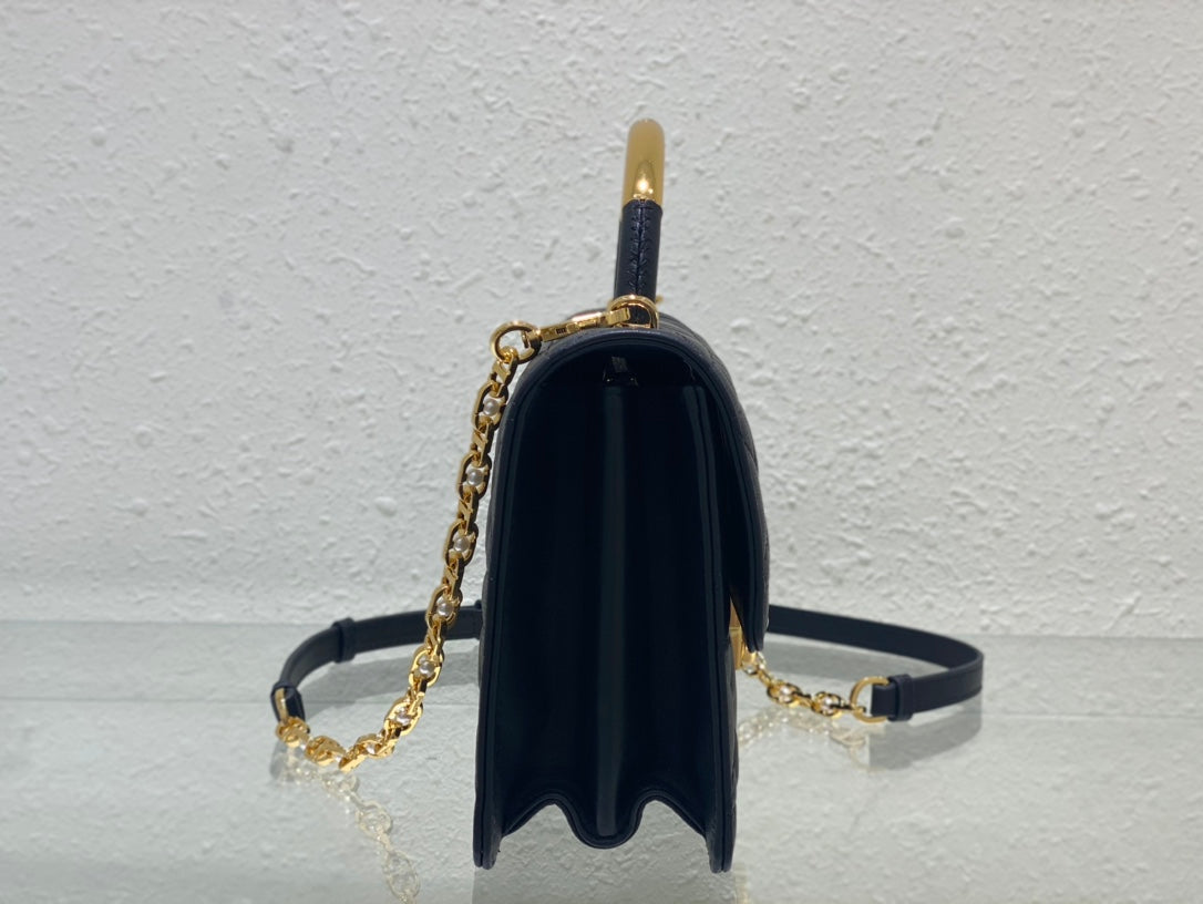 Dior Elegant Navy Blue Quilted Leather Top Handle Bag with Gold Chain