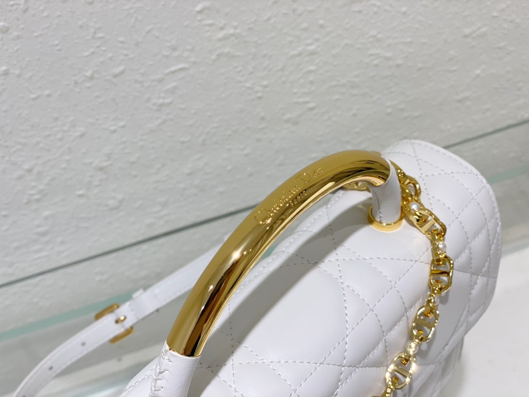 Dior Quilted White Leather Shoulder Bag with Gold Handle and Chain