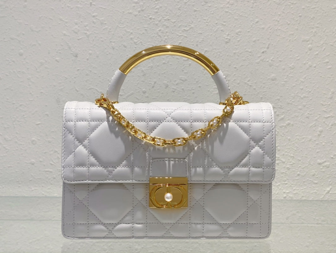 Dior Quilted White Leather Shoulder Bag with Gold Handle and Chain