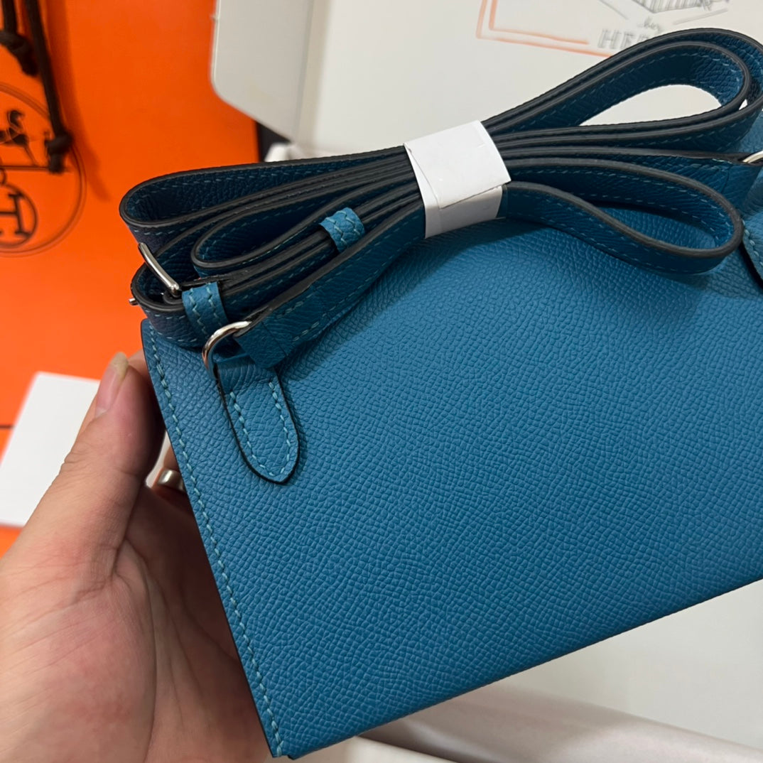 Hermès Blue Leather Card Holder with Strap - Luxury Mini Crossbody Pouch