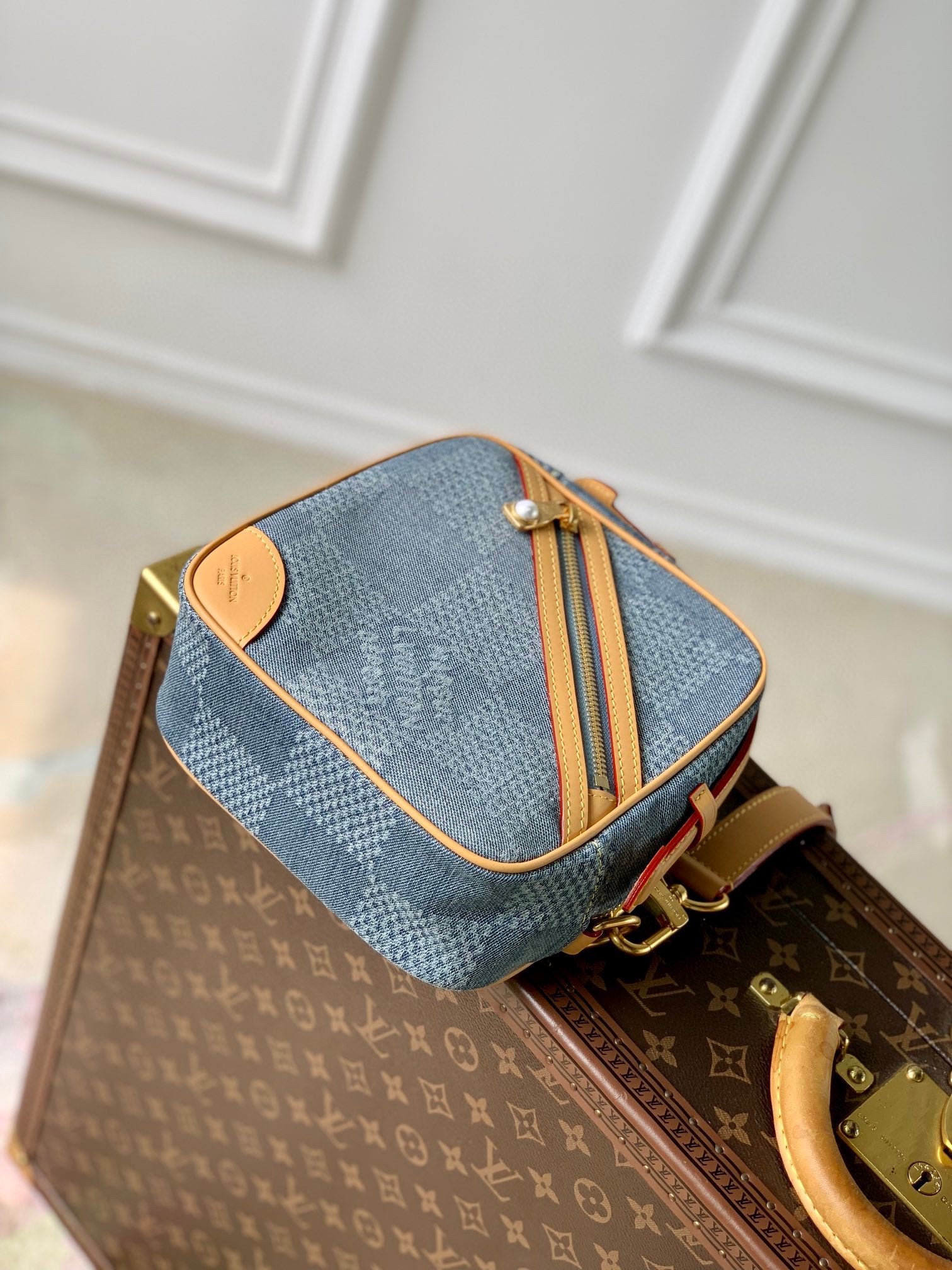 Louis Vuitton Blue Checkerboard Denim Square Crossbody Bag with Leather Trim