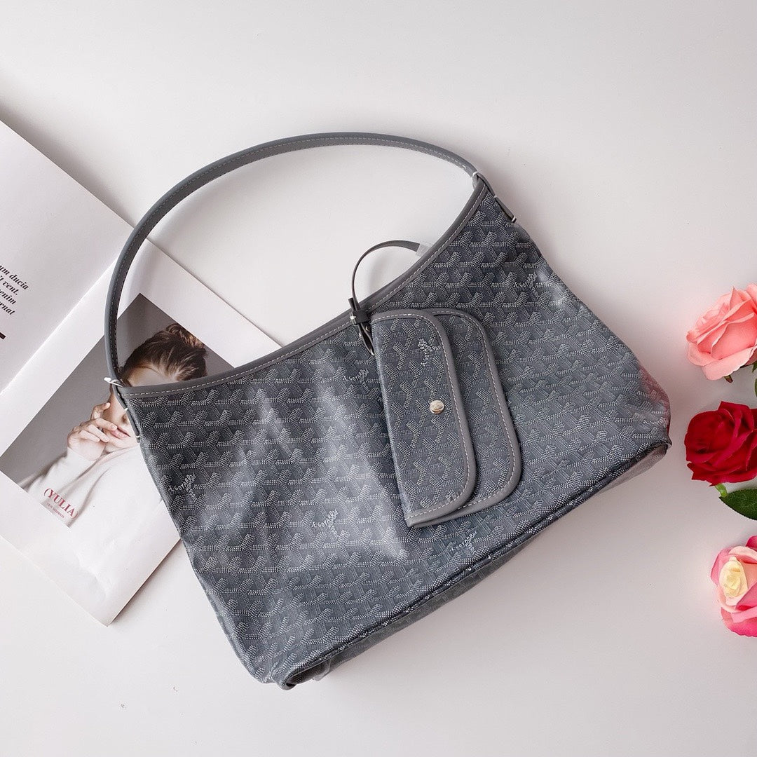 Gogy Classic Grey Chevron Pattern Canvas Hobo Bag with Single Handle