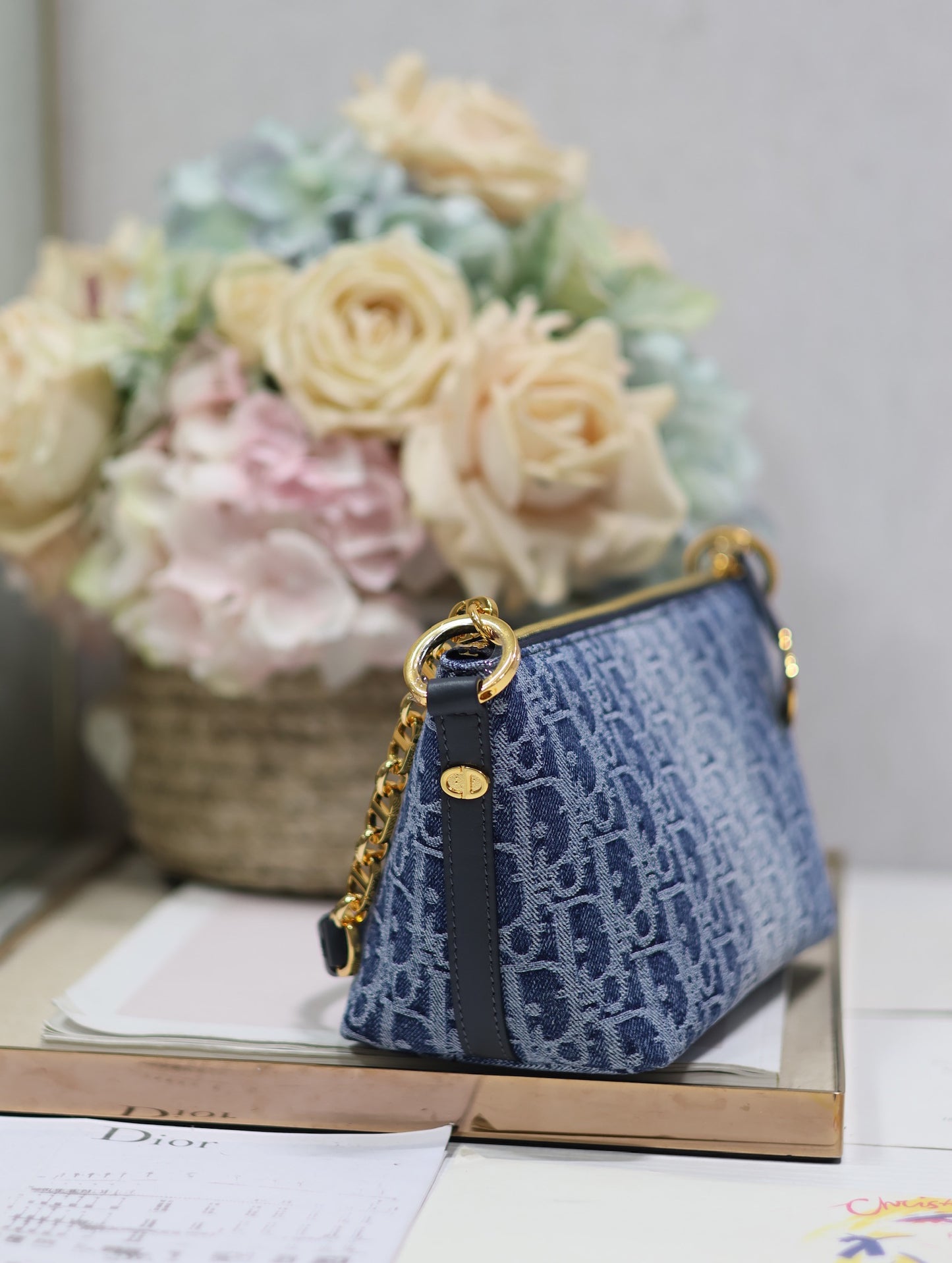 Dior Vintage Blue Monogram Canvas Shoulder Bag with Gold Charms