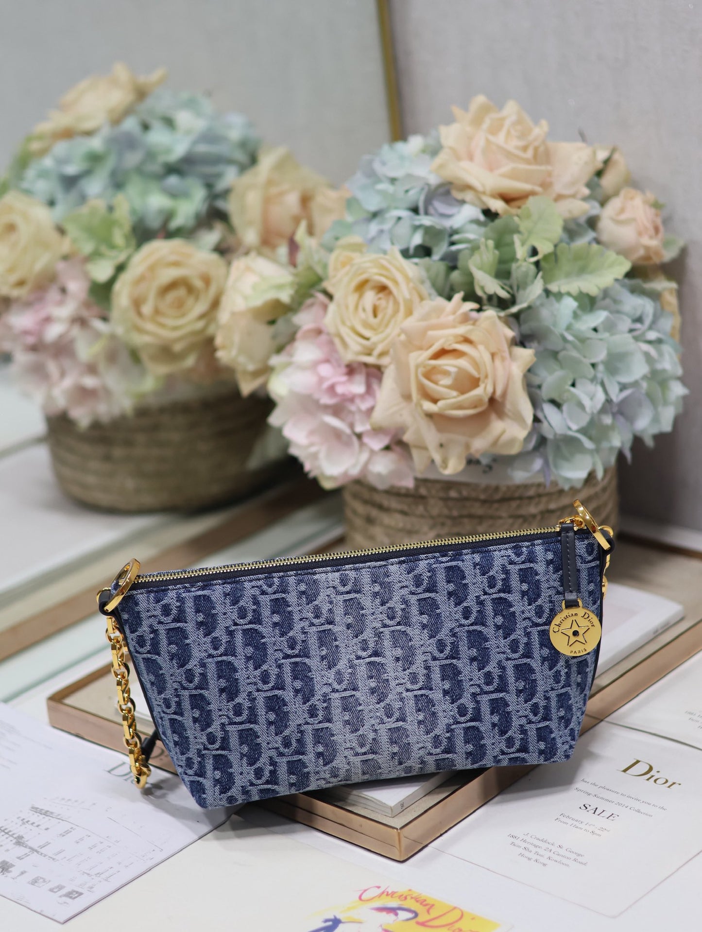 Dior Vintage Blue Monogram Canvas Shoulder Bag with Gold Charms