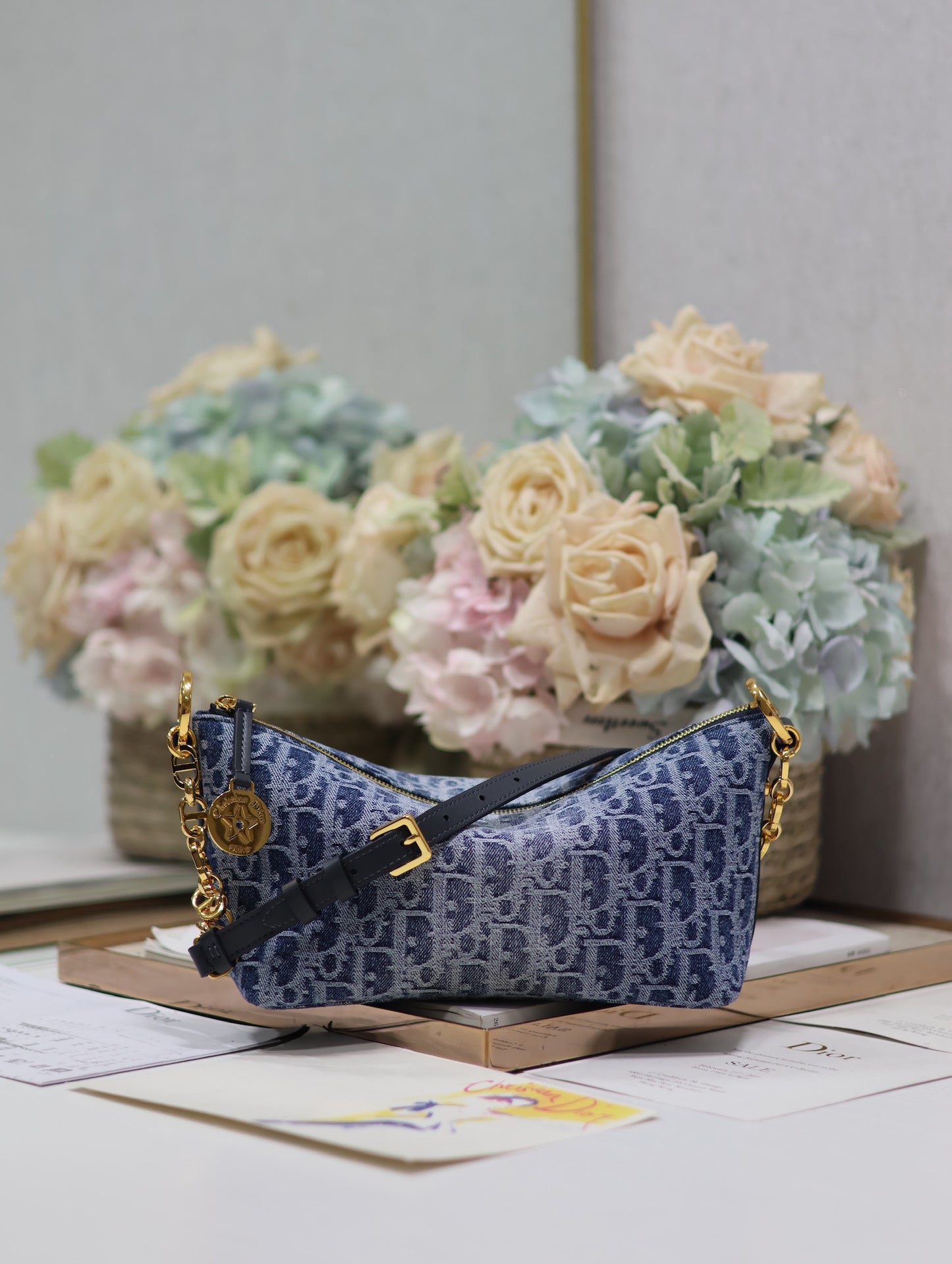 Dior Vintage Blue Monogram Canvas Shoulder Bag with Gold Charms