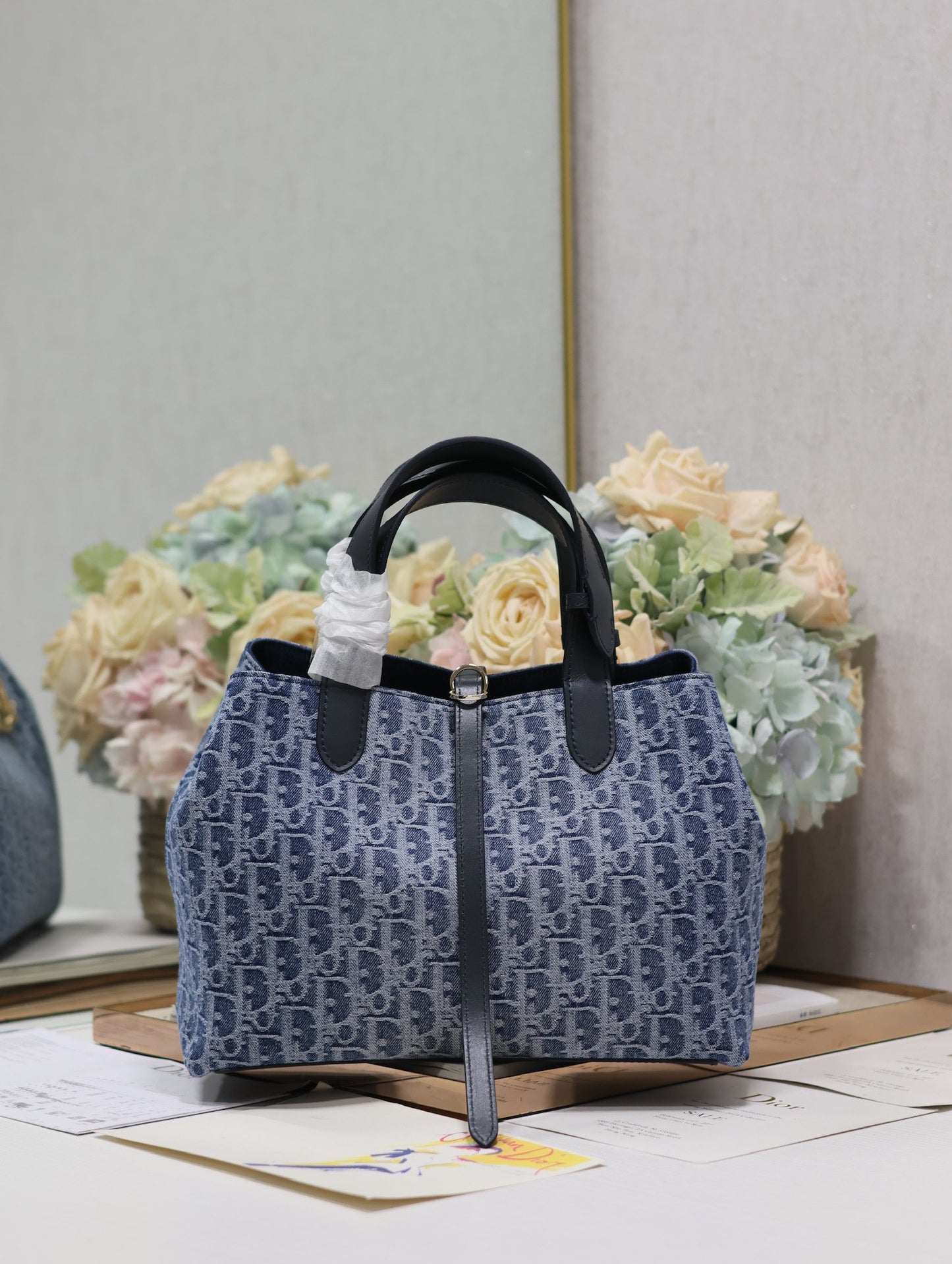 Dior Classic Blue Monogram Jacquard Tote Bag with Leather Handles