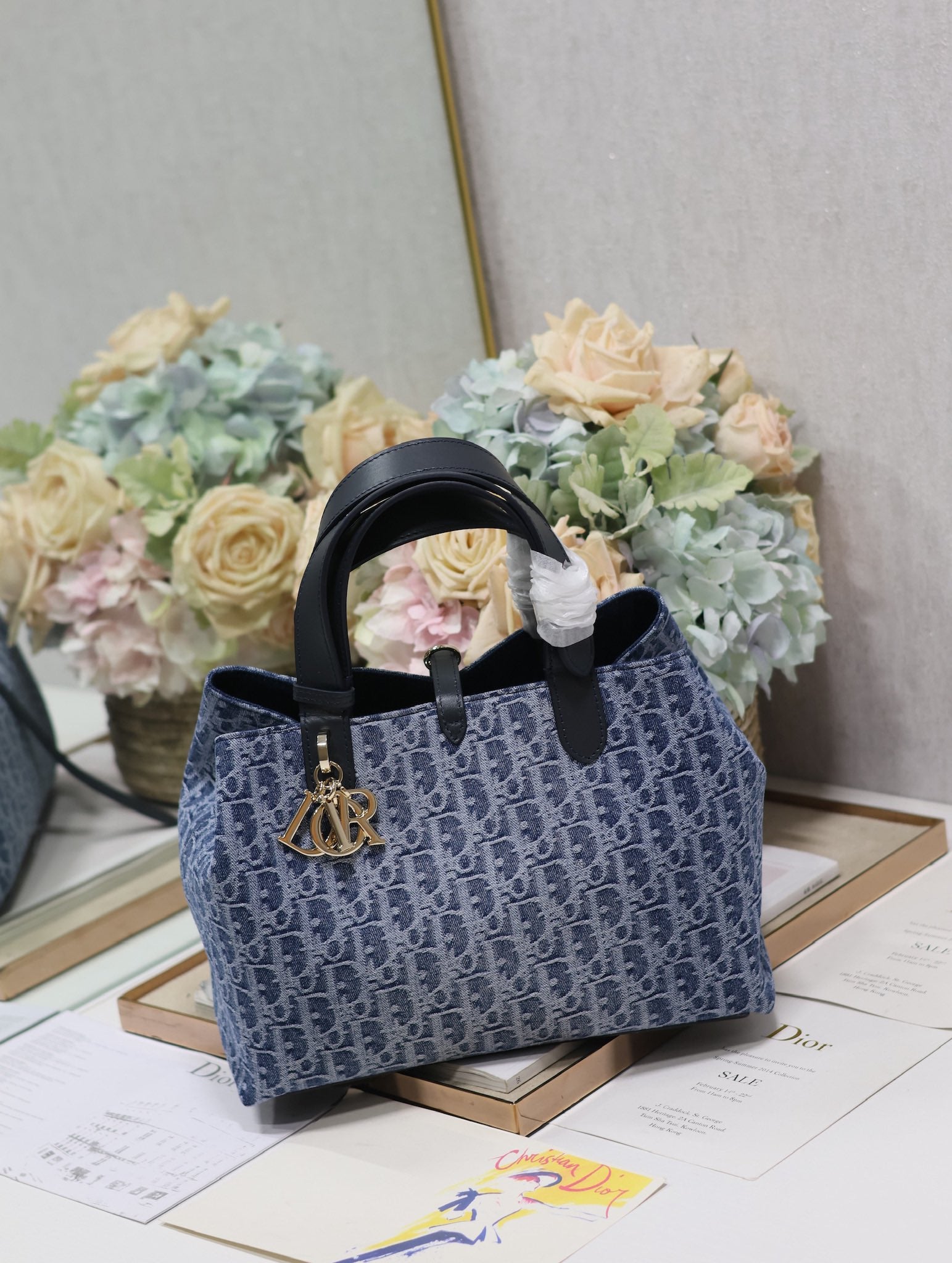 Blue Dior Oblique Style Canvas Handbag with Leather Handles