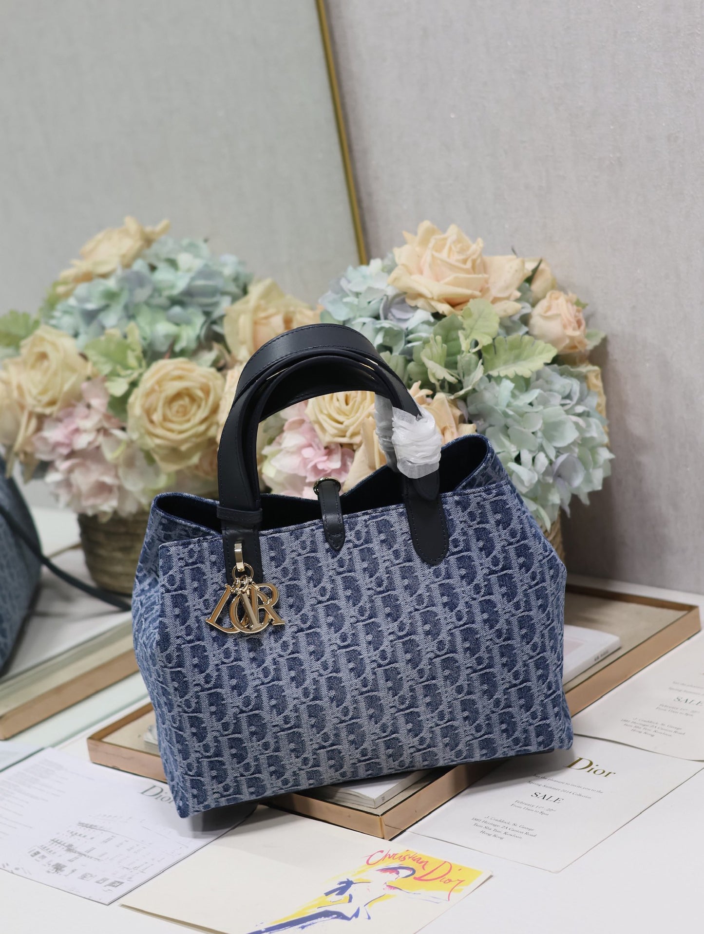 Dior Classic Blue Monogram Jacquard Tote Bag with Leather Handles
