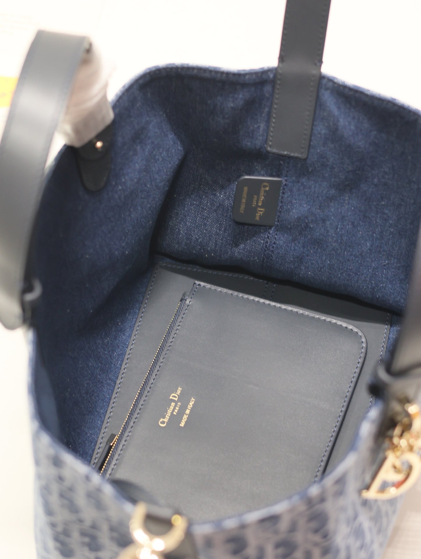 Blue Dior Oblique Style Canvas Handbag with Leather Handles