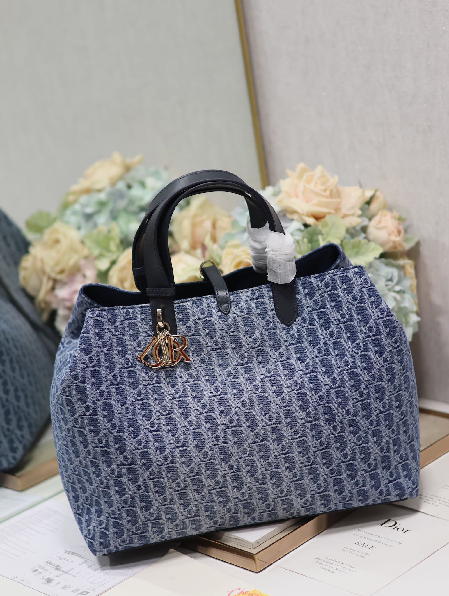 Dior Vintage Blue Monogram Jacquard Satchel Handbag with Top Handles