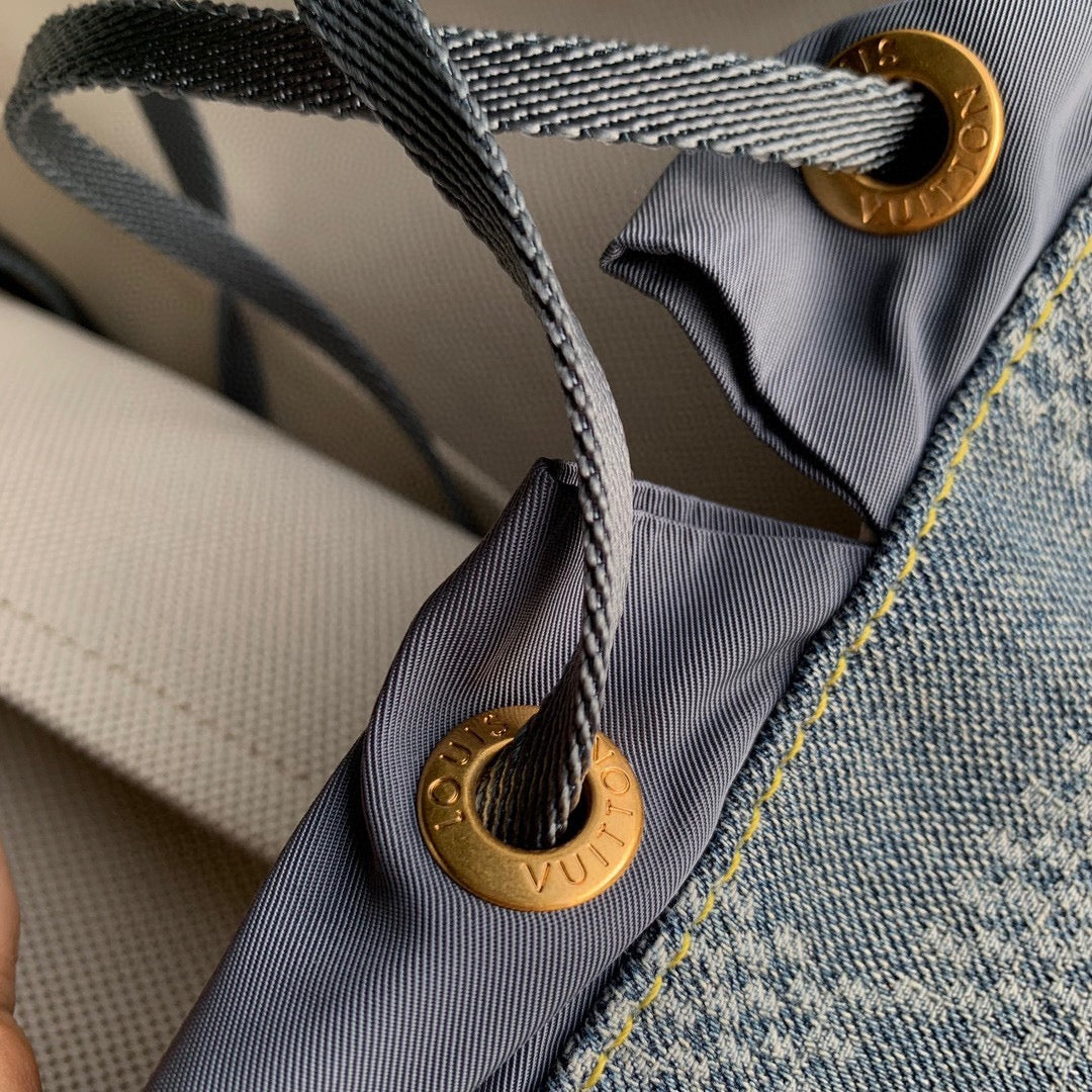 Louis Vuitton Vintage Blue Denim Checkered Backpack with Tan Leather Trim