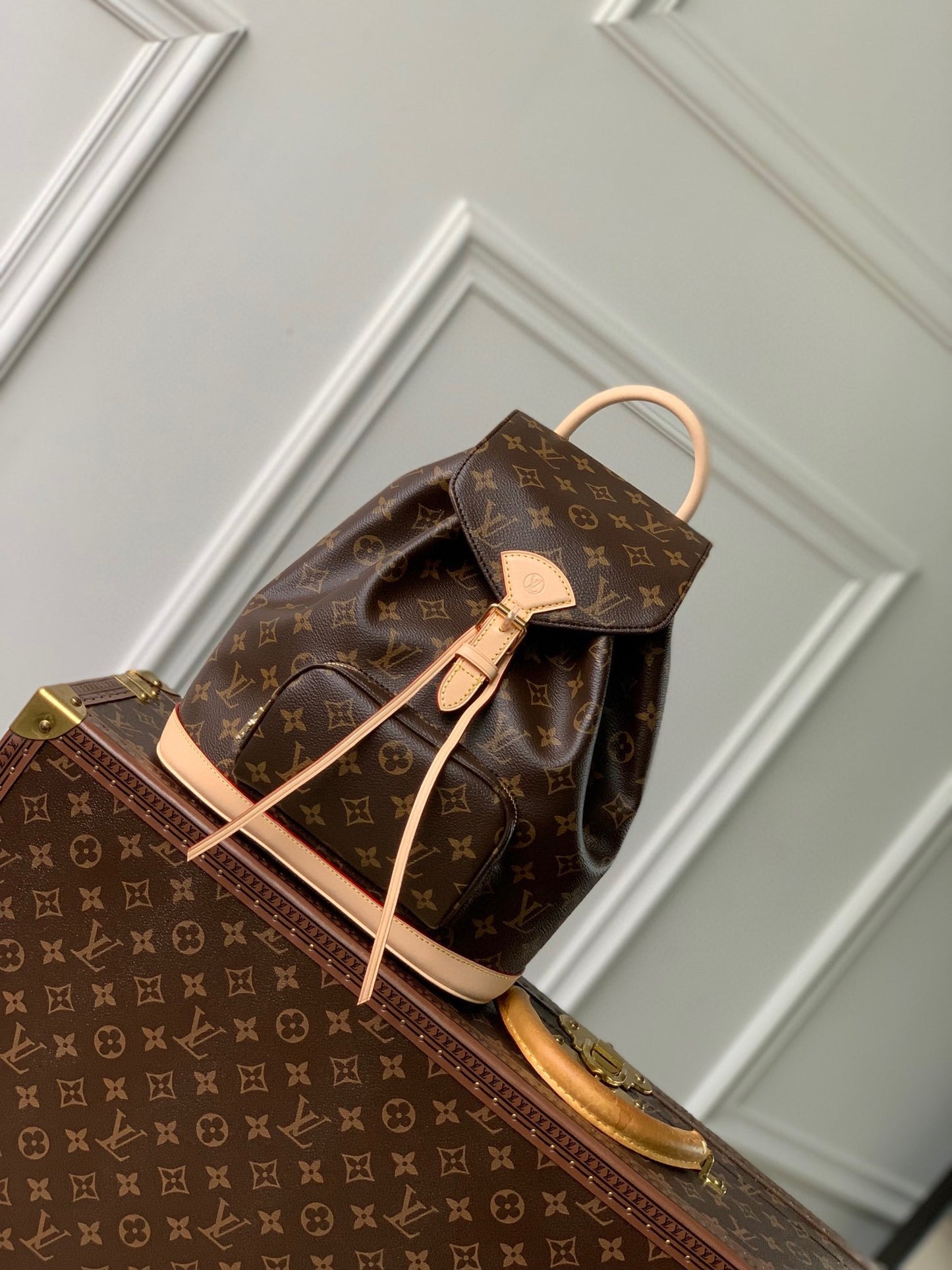 Louis Vuitton Classic Brown Monogram Print Backpack with Tan Leather Trim and Drawstring