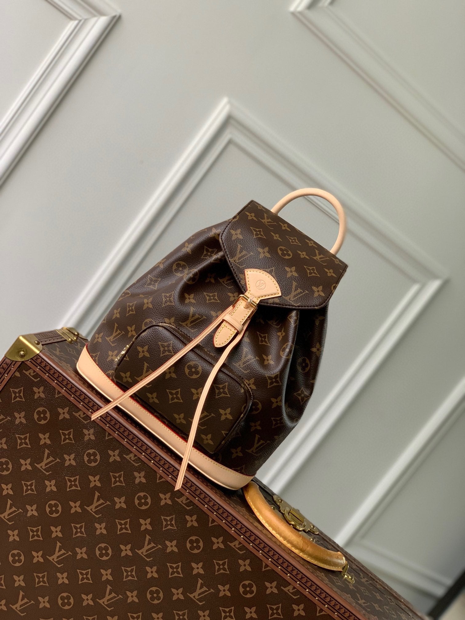Louis Vuitton Classic Brown Monogram Print Backpack with Tan Leather Trim and Drawstring