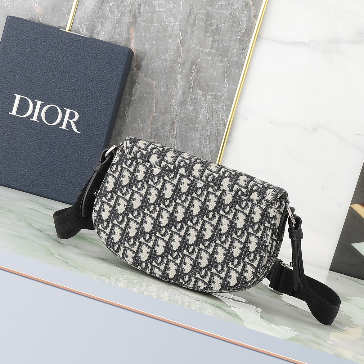 Dior Vintage Monogram Canvas Saddle Shoulder Bag with Black Leather Flap